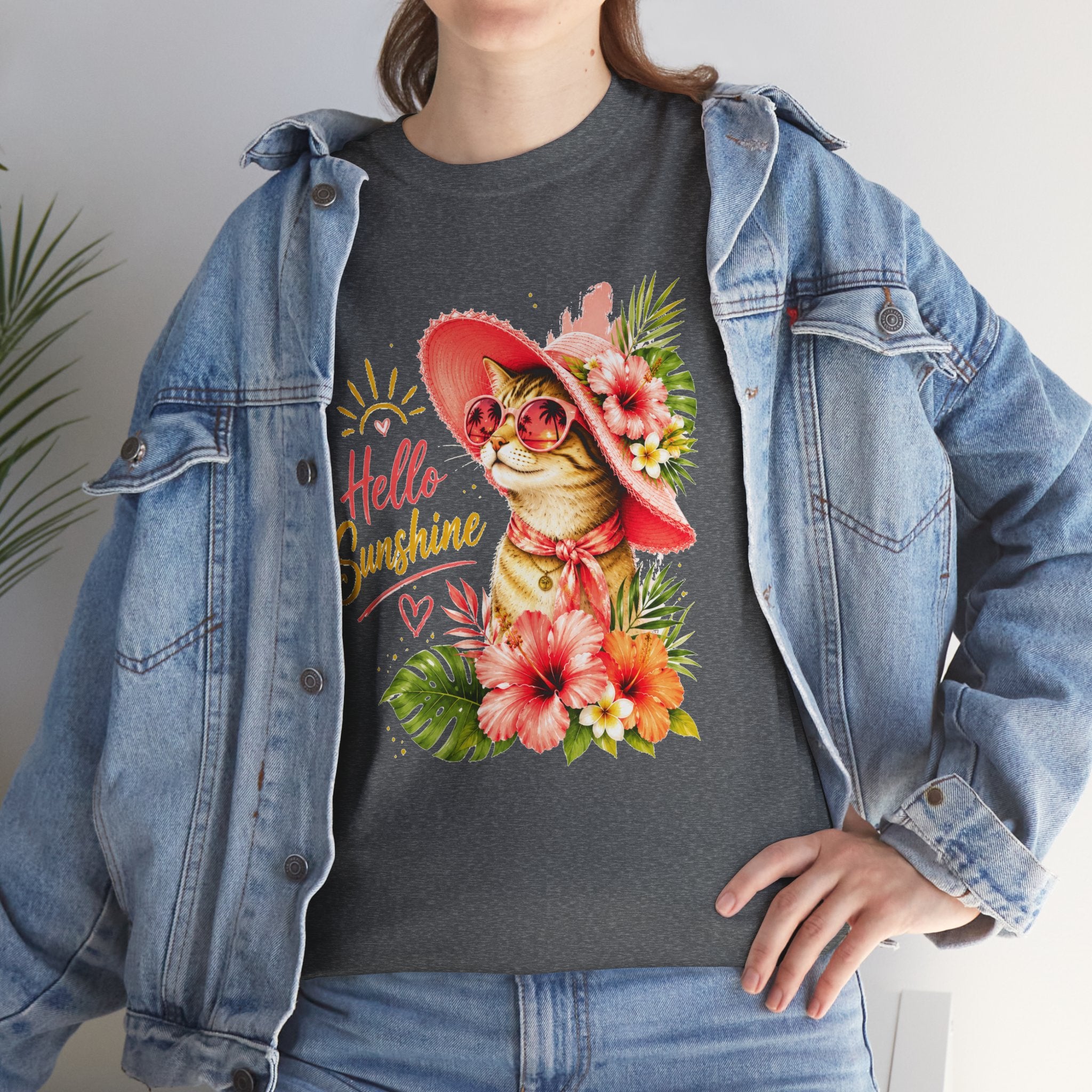 Hello Sunshine Cat Shirt | Cute Floral Cat T-Shirt | Tropical Summer Kitty Tee | Cat Lover Gift | Cute Women's Graphic Tee