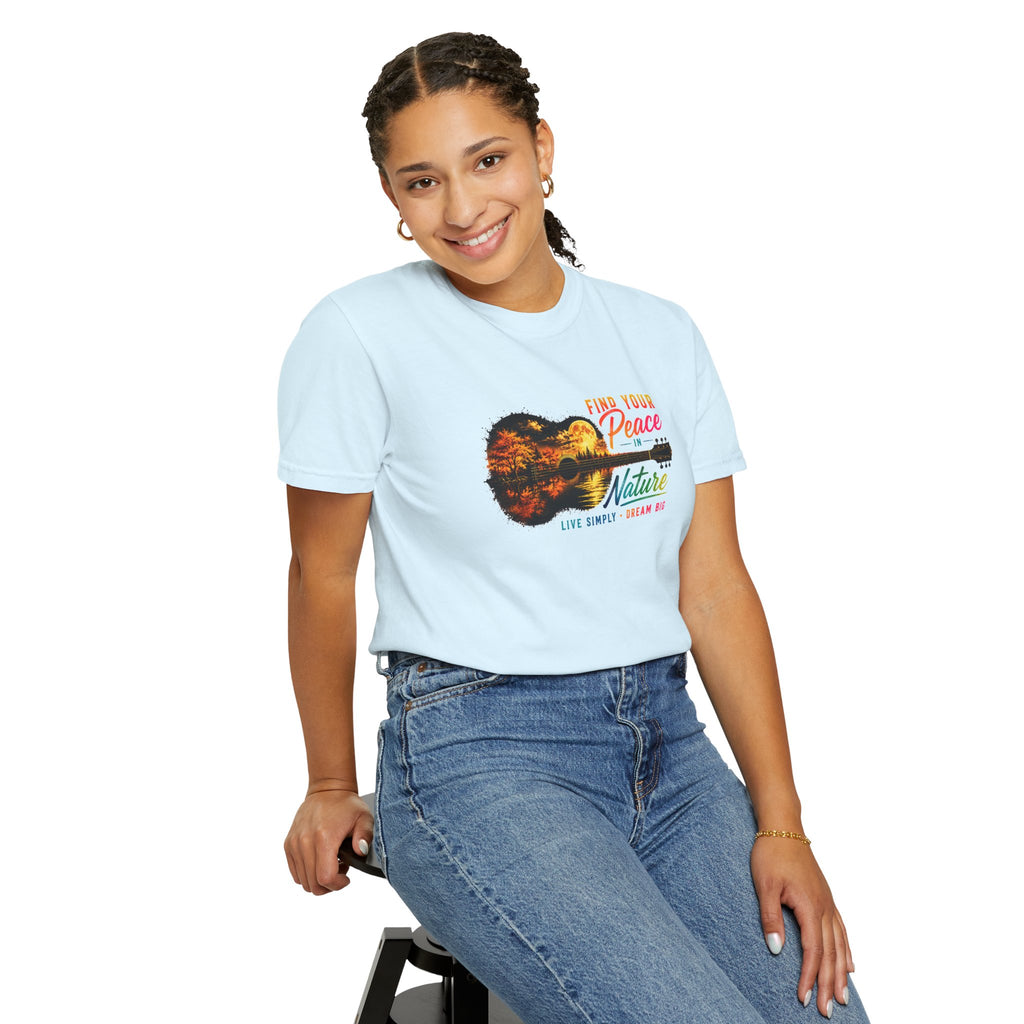 Acoustic Guitar Nature T-Shirt, Find Your Peace in Nature Tee, Music Lover Gift, Camping Shirt, Outdoor Graphic Tee, Hiking Shirt