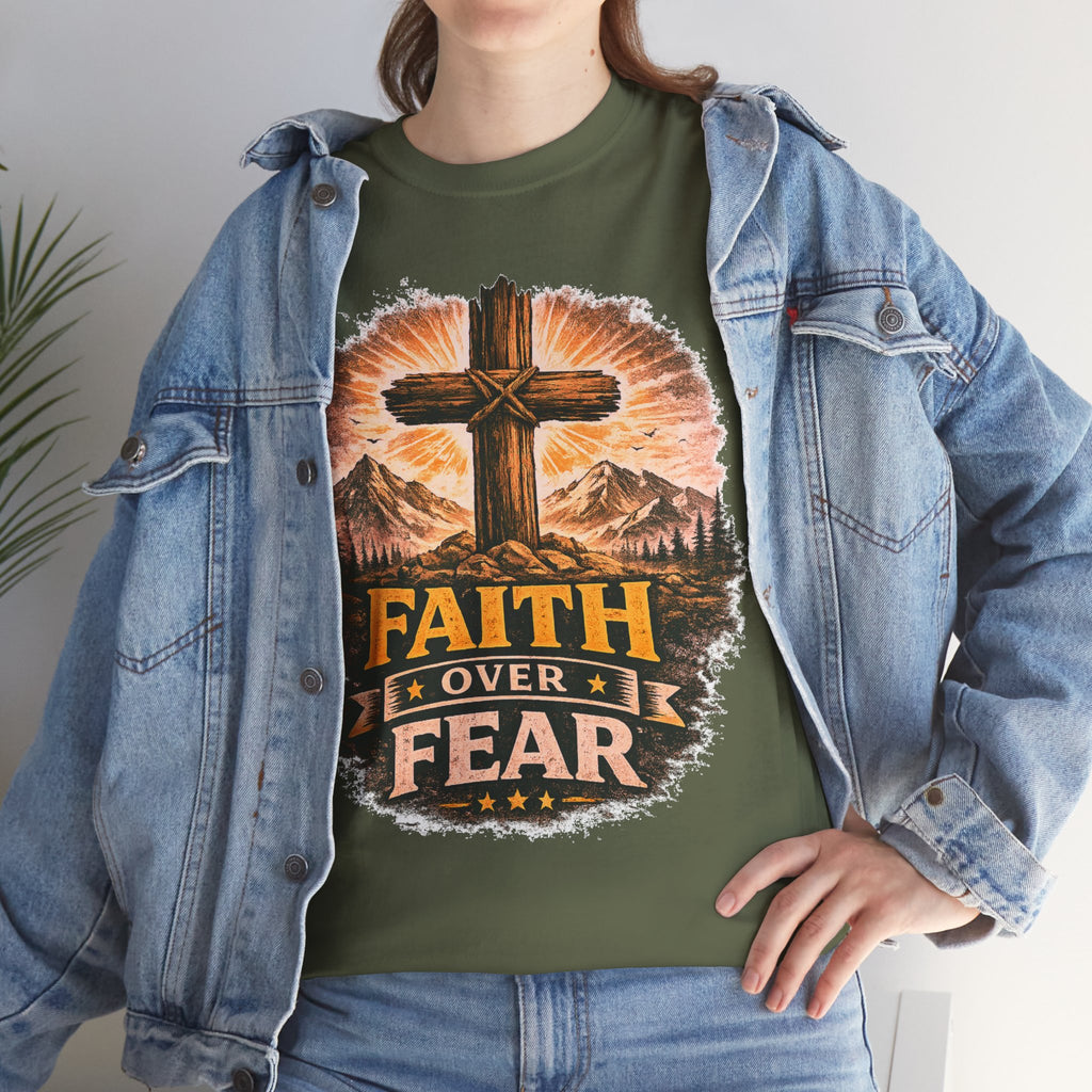 Faith Over Fear T-Shirt | Christian Cross Shirt | Religious Graphic Tee | Bible Verse Gift | Men's Faith Shirt