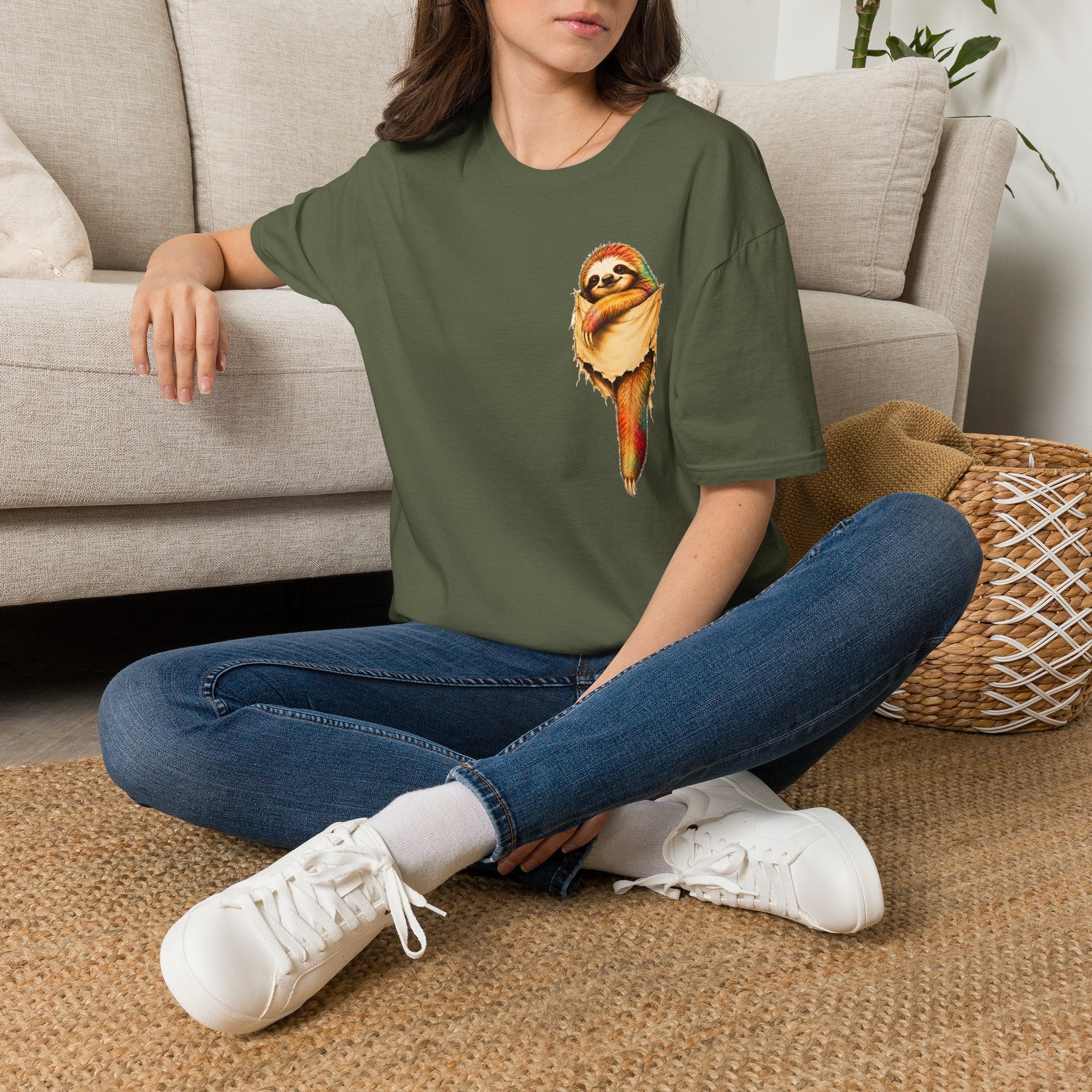 Sloth Pocket Tee — Cute Hugging Sloth Graphic T-Shirt