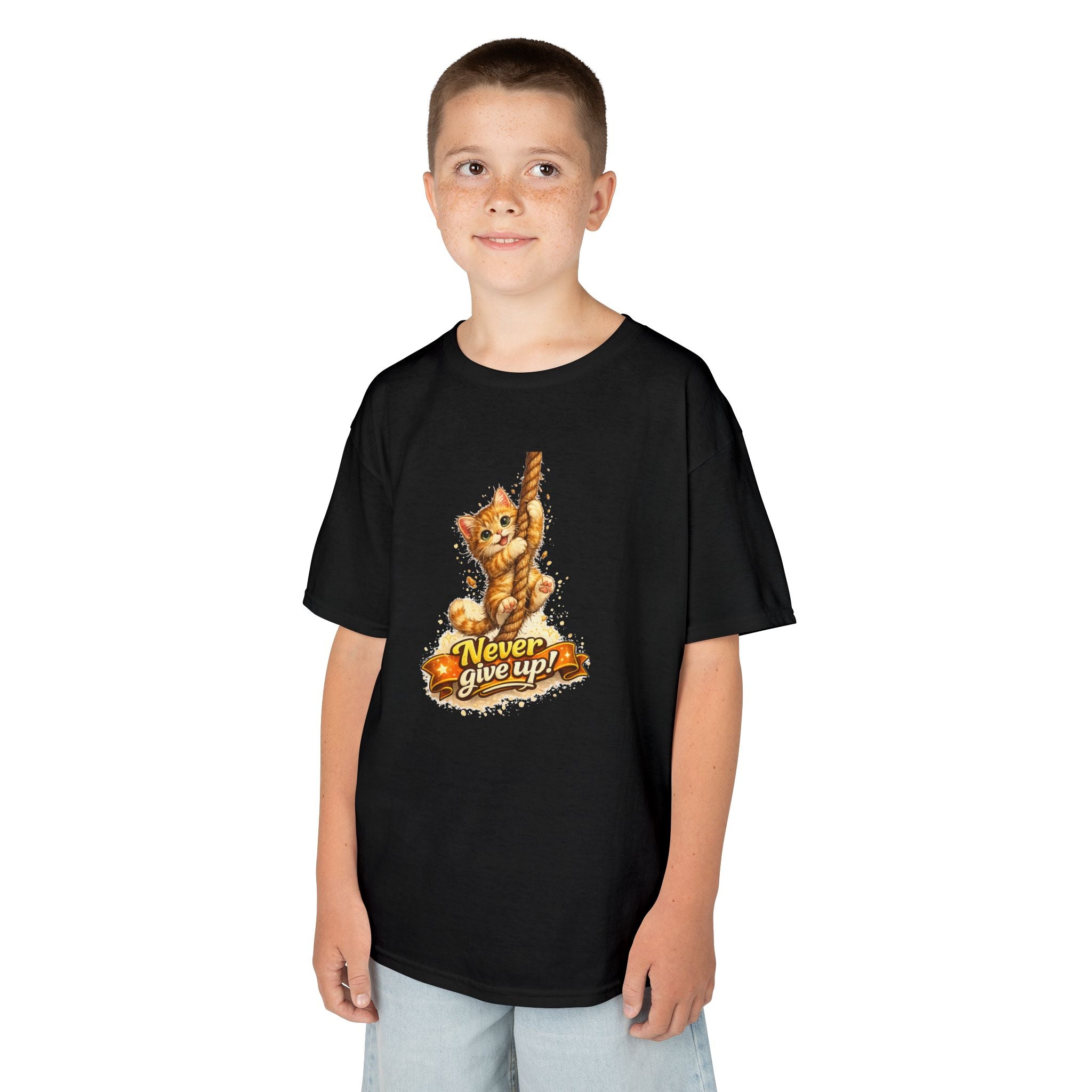 Kids Tee — Cute Climbing Kitten “Never Give Up” Inspirational Shirt