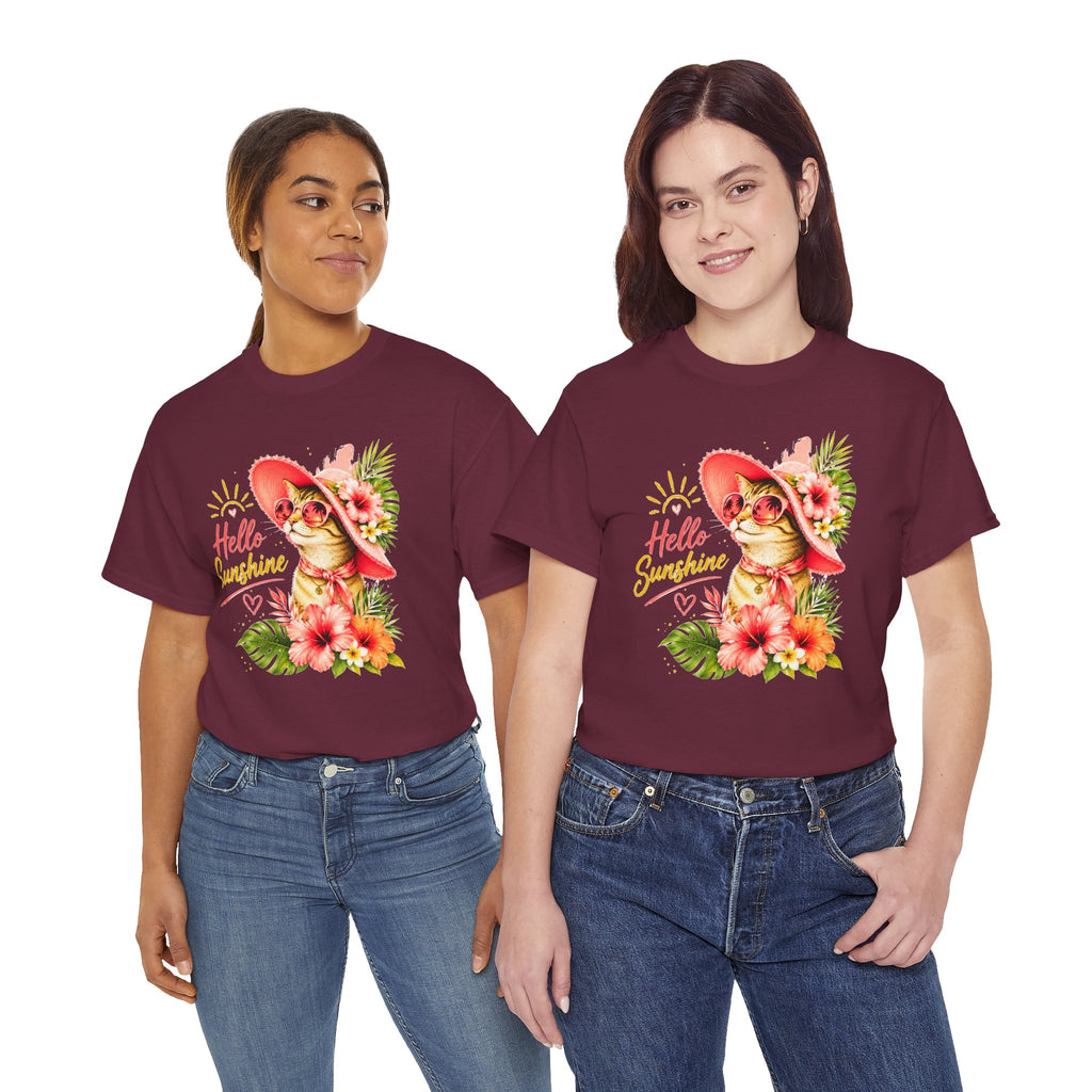 Hello Sunshine Cat Shirt | Cute Floral Cat T-Shirt | Tropical Summer Kitty Tee | Cat Lover Gift | Cute Women's Graphic Tee