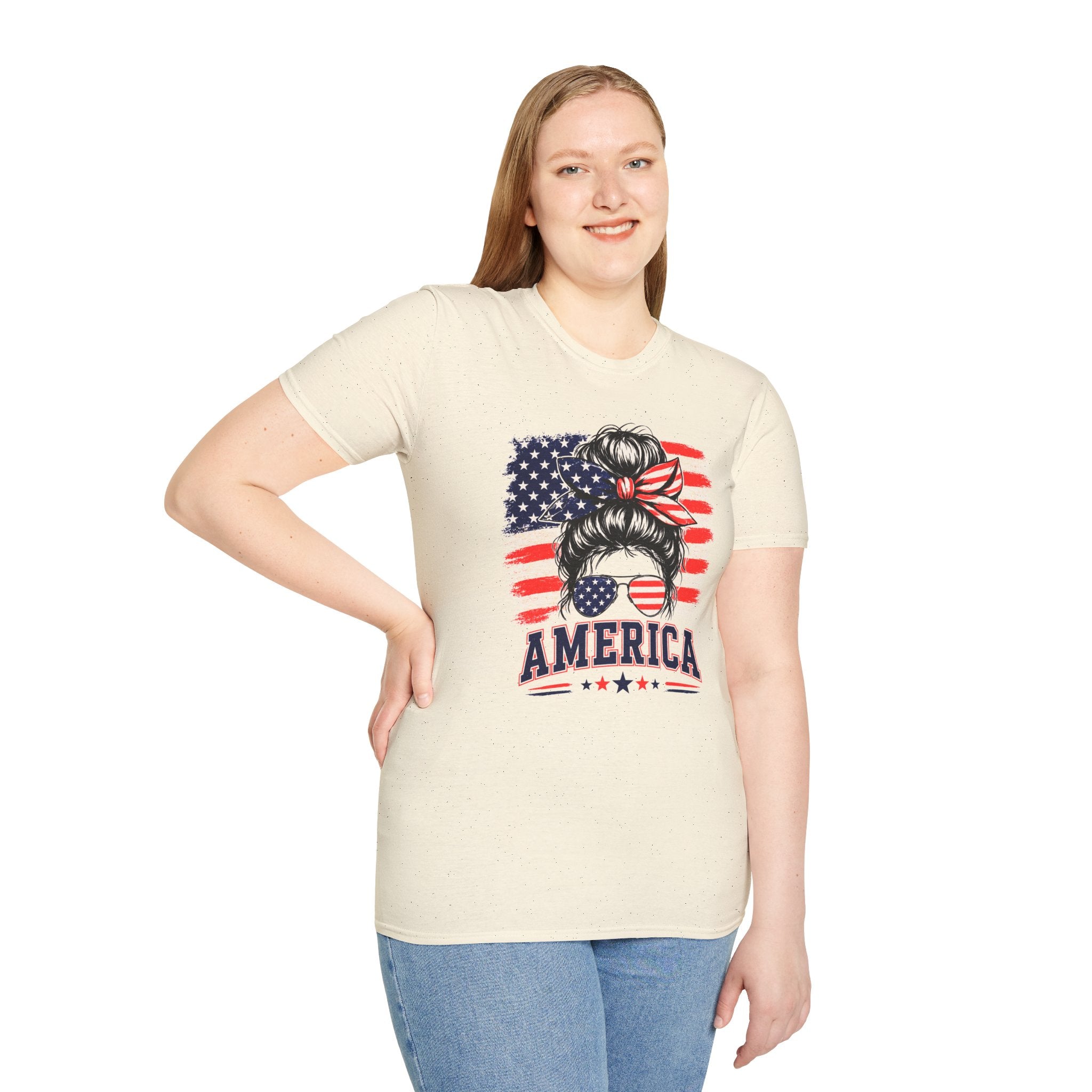 T-Shirt — Messy Bun American Flag Design (Patriotic Hair Band & Sunglasses)