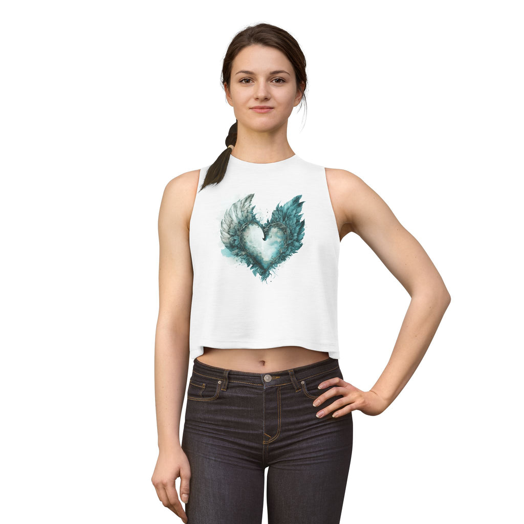 Winged Heart Crop Top, Angel Wings Heart Shirt, Teal Watercolor Graphic Crop Top, Aesthetic Women's Crop Tee