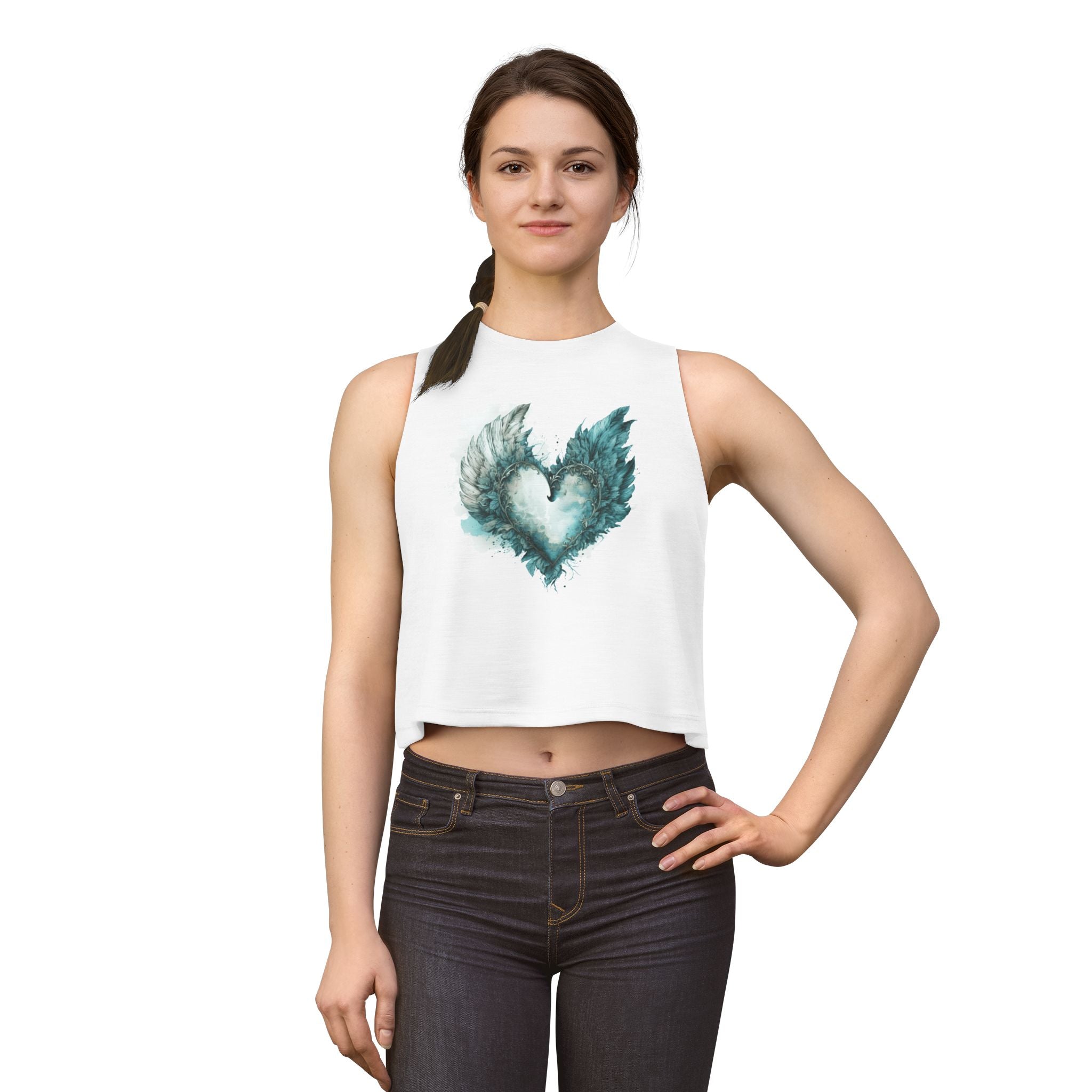 Winged Heart Crop Top, Angel Wings Heart Shirt, Teal Watercolor Graphic Crop Top, Aesthetic Women's Crop Tee