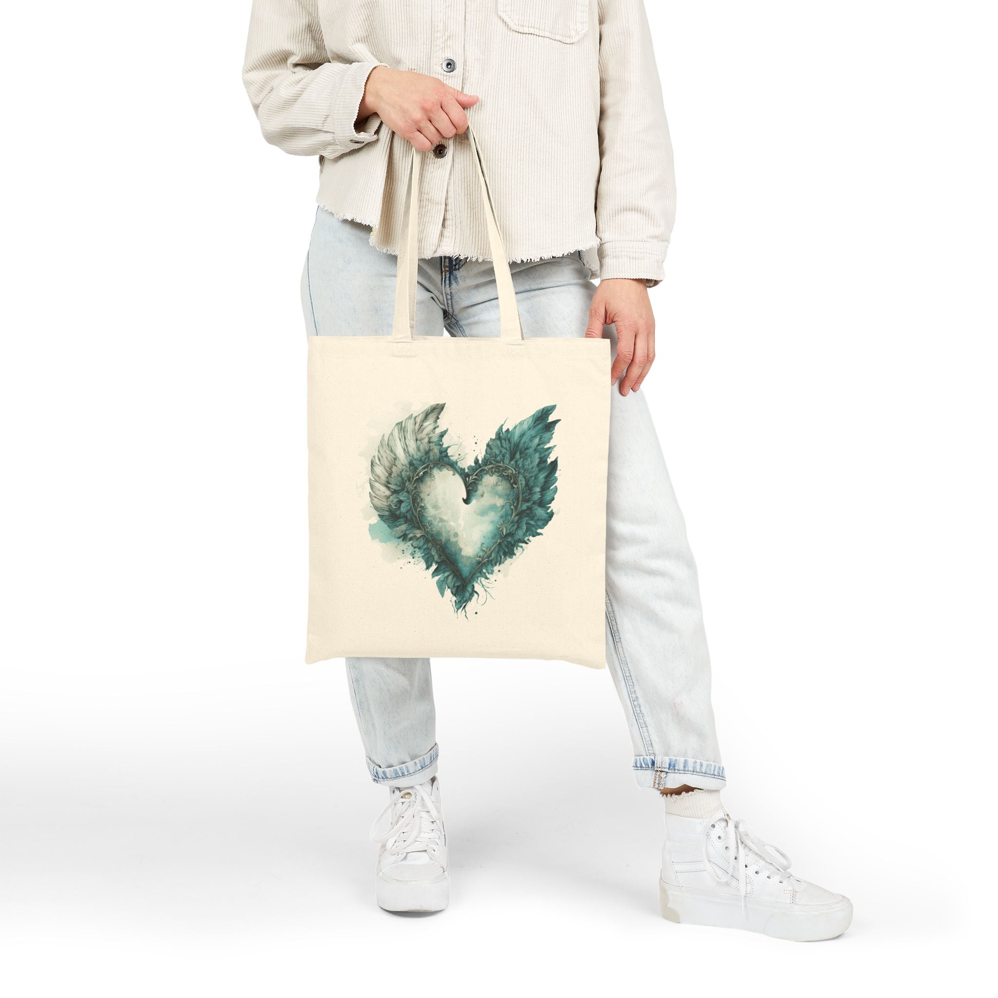 Cute Canvas Tote Bag with Teal Watercolor Angel Wings Heart Design