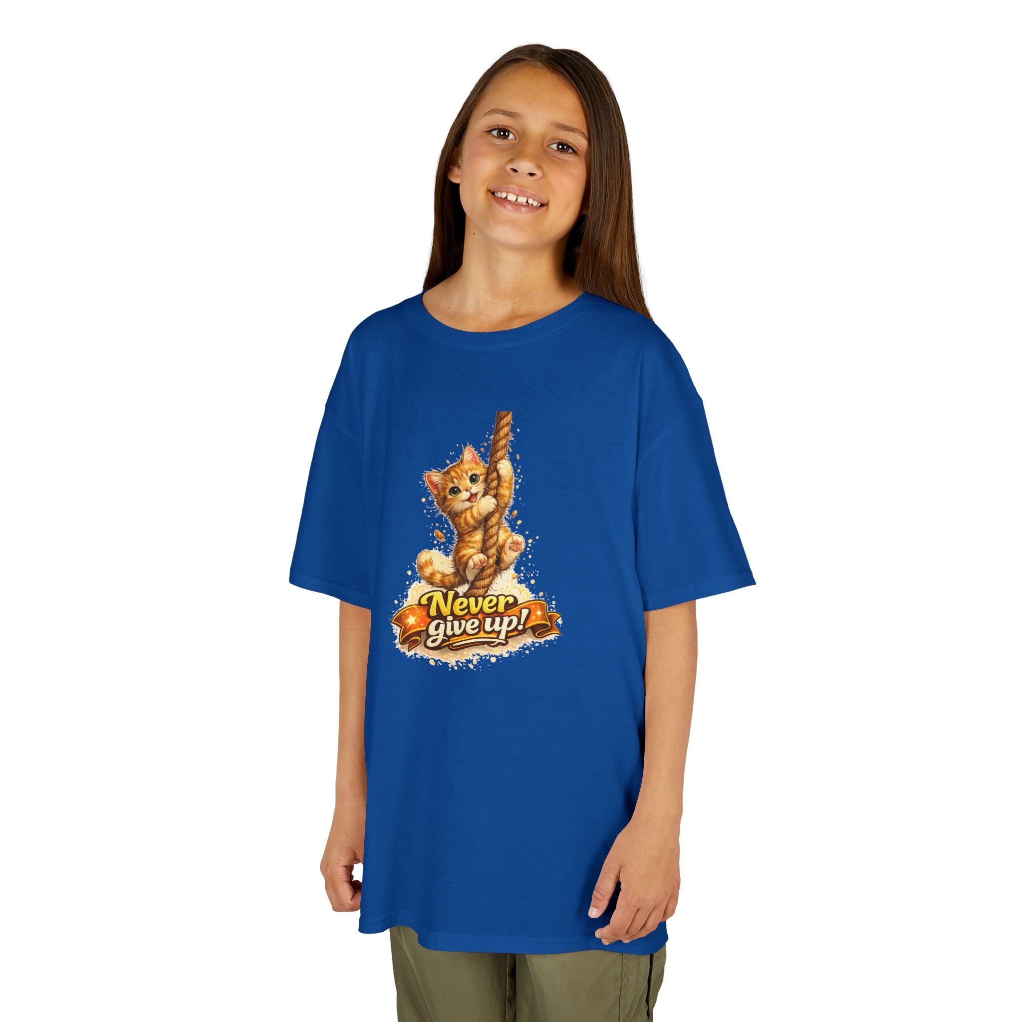 Kids Tee — Cute Climbing Kitten “Never Give Up” Inspirational Shirt