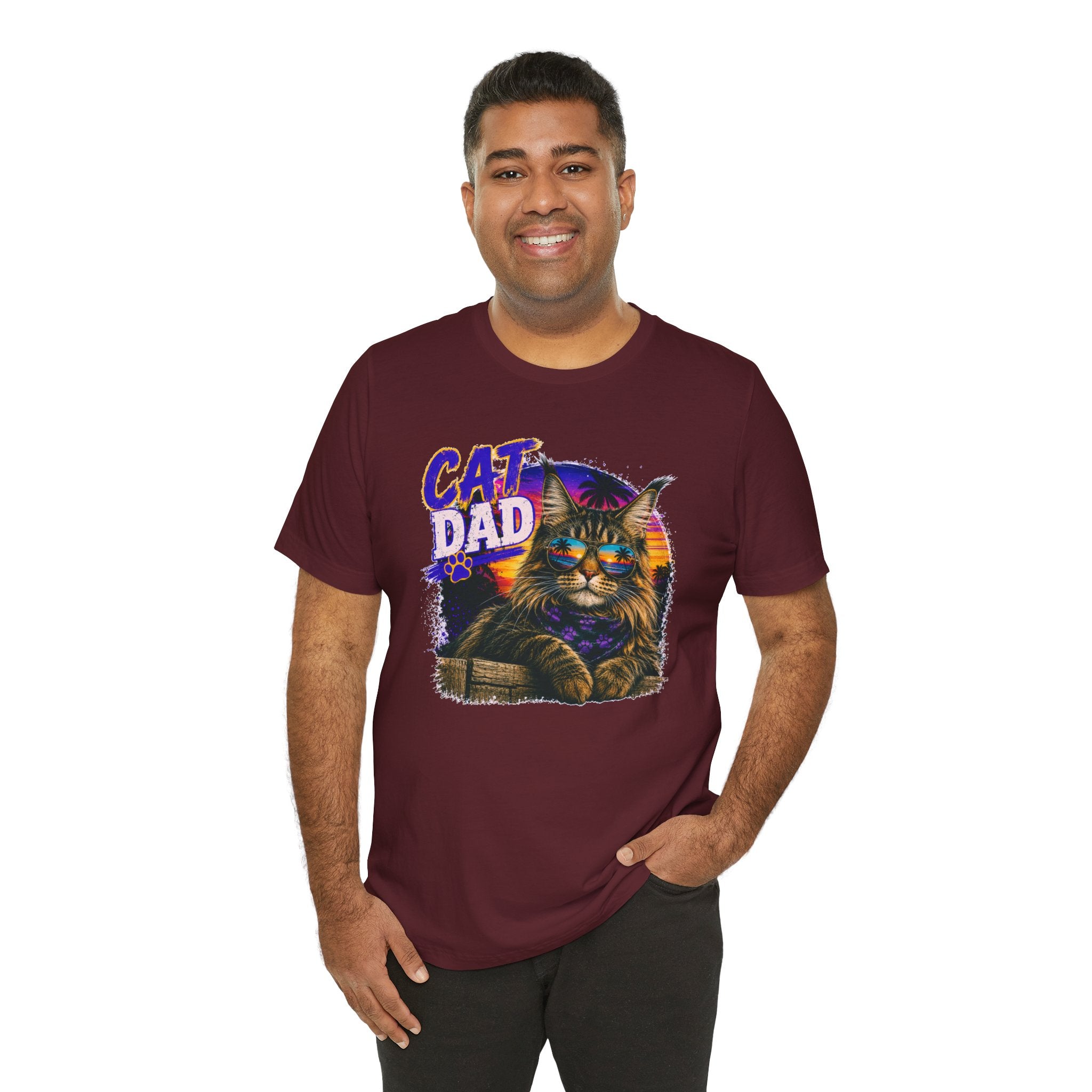 Cat Dad Maine Coon T-Shirt | Retro Sunset Cat Lover Shirt | Funny Cat Dad Gift | Vintage Graphic Tee for Men