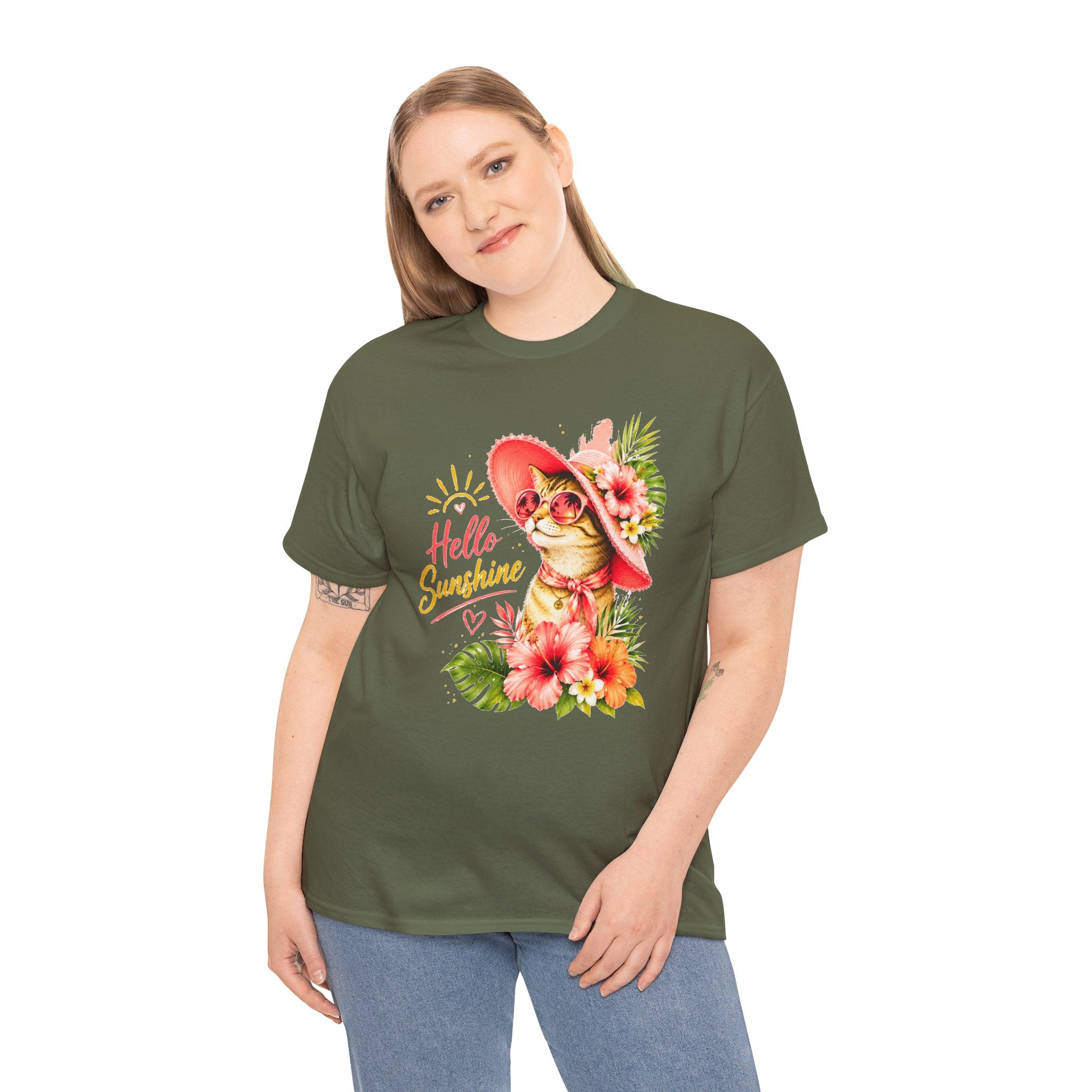 Hello Sunshine Cat Shirt | Cute Floral Cat T-Shirt | Tropical Summer Kitty Tee | Cat Lover Gift | Cute Women's Graphic Tee
