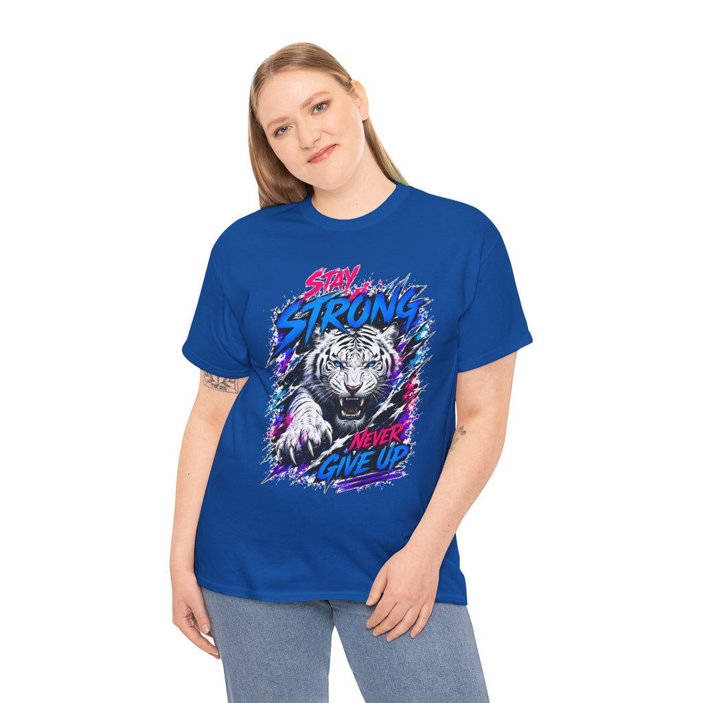 Stay Strong Never Give Up Tiger T-Shirt | White Tiger Graphic Tee | Motivational Unisex Shirt | Inspirational Animal Tee | Gift for Tiger Lovers