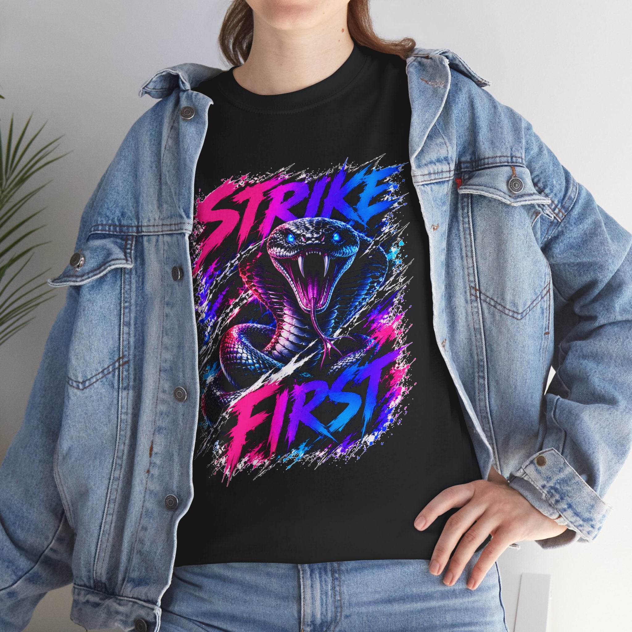 Strike First Cobra T-Shirt | Neon Snake Graphic Tee | Bold Streetwear Shirt | Unisex Graphic Tee