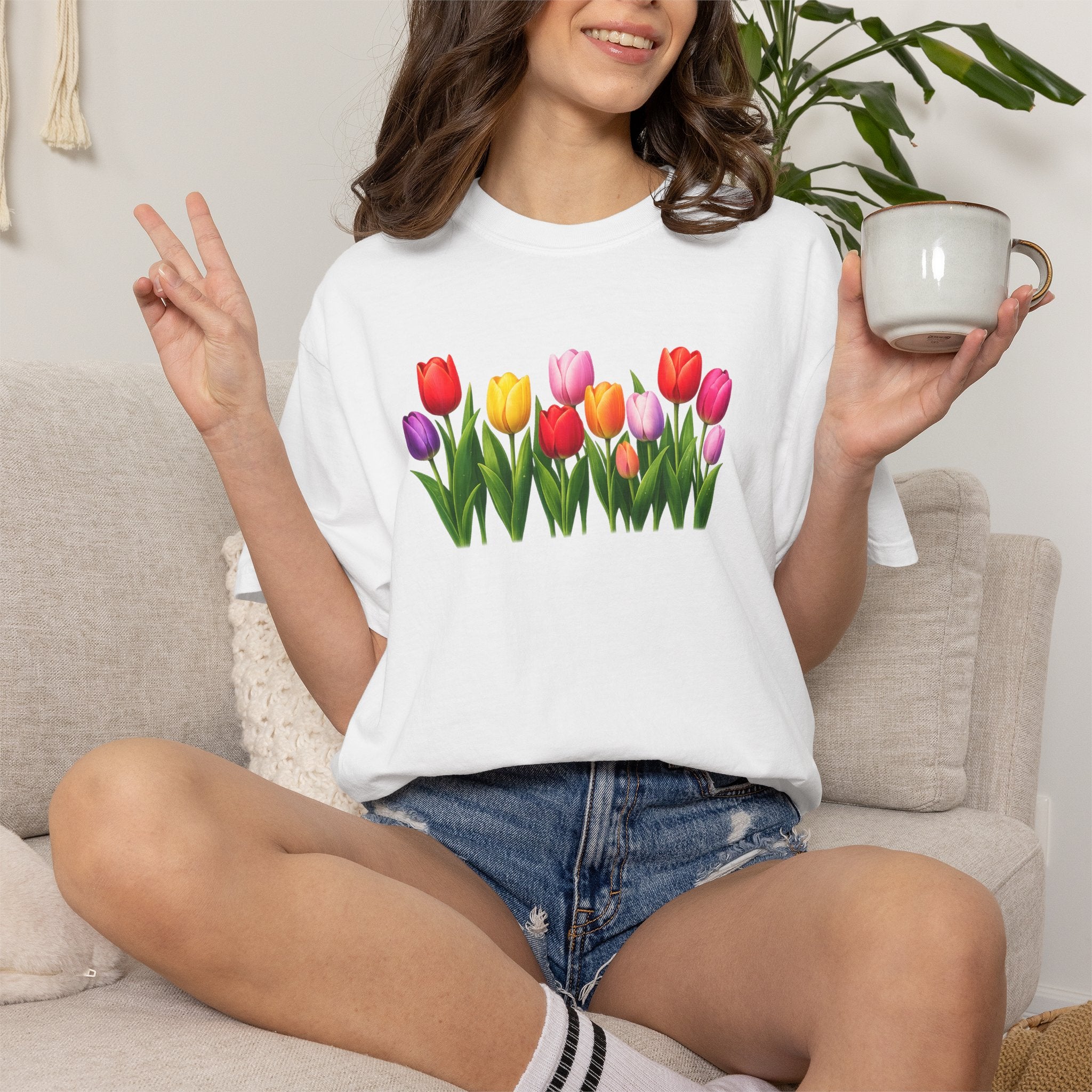 Colorful Tulip Shirt, Floral T-Shirt for Women, Botanical Graphic Tee, Spring Garden Shirt, Comfort Colors Tee