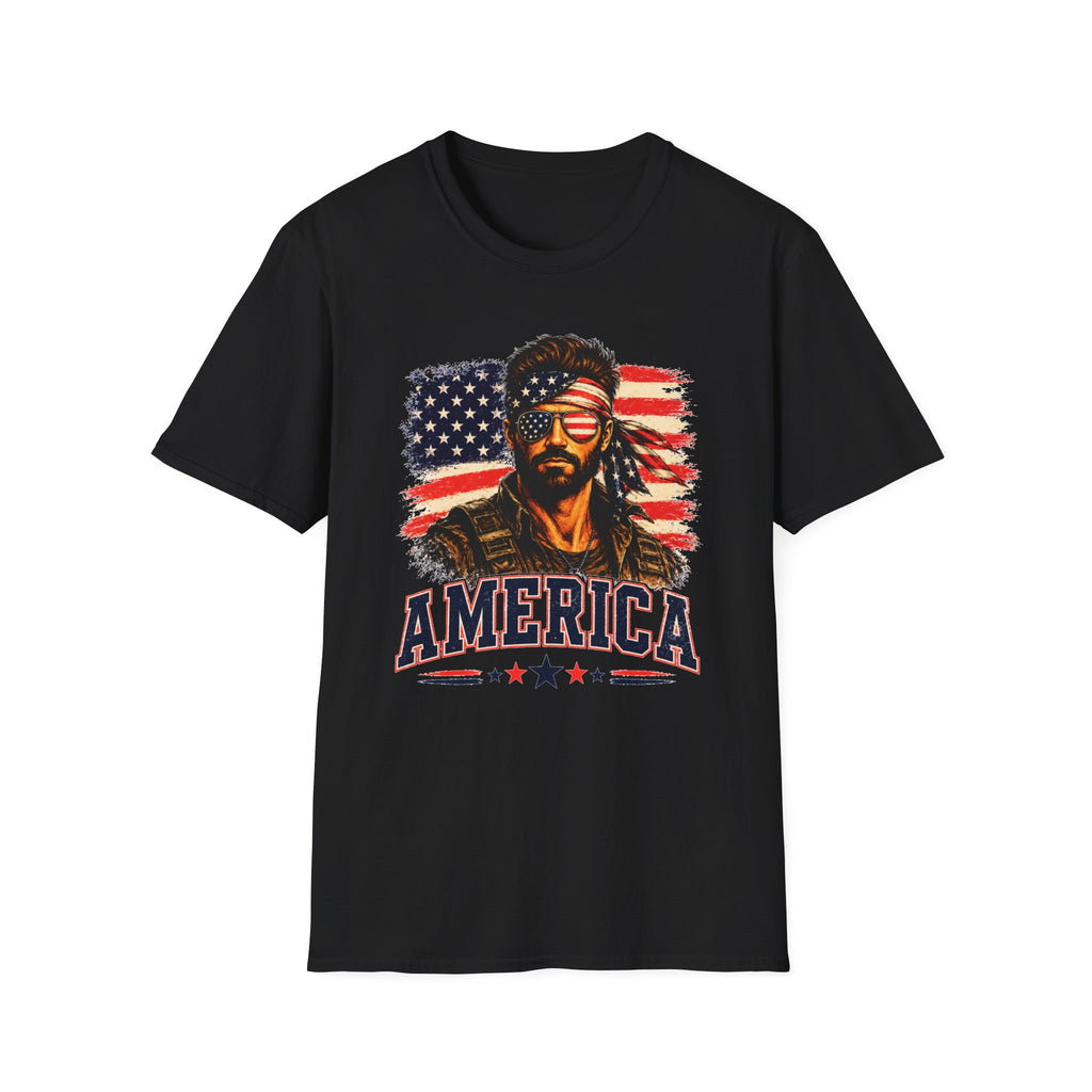 Patriotic Bandana Man T-Shirt — USA Flag Graphic Tee ("America")