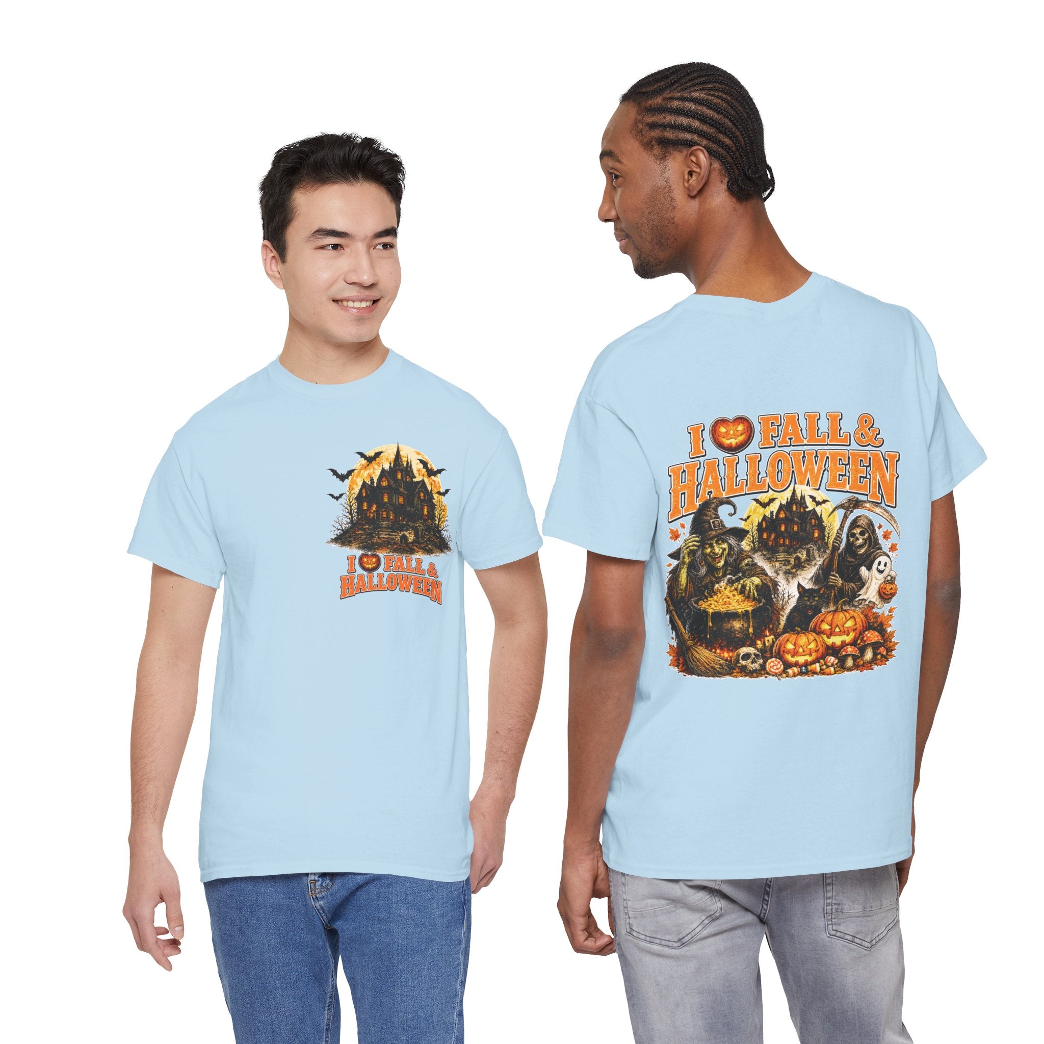 Halloween Fall Graphic Tee — "I  Fall & Halloween" Vintage Pumpkin & Spooky Characters Shirt