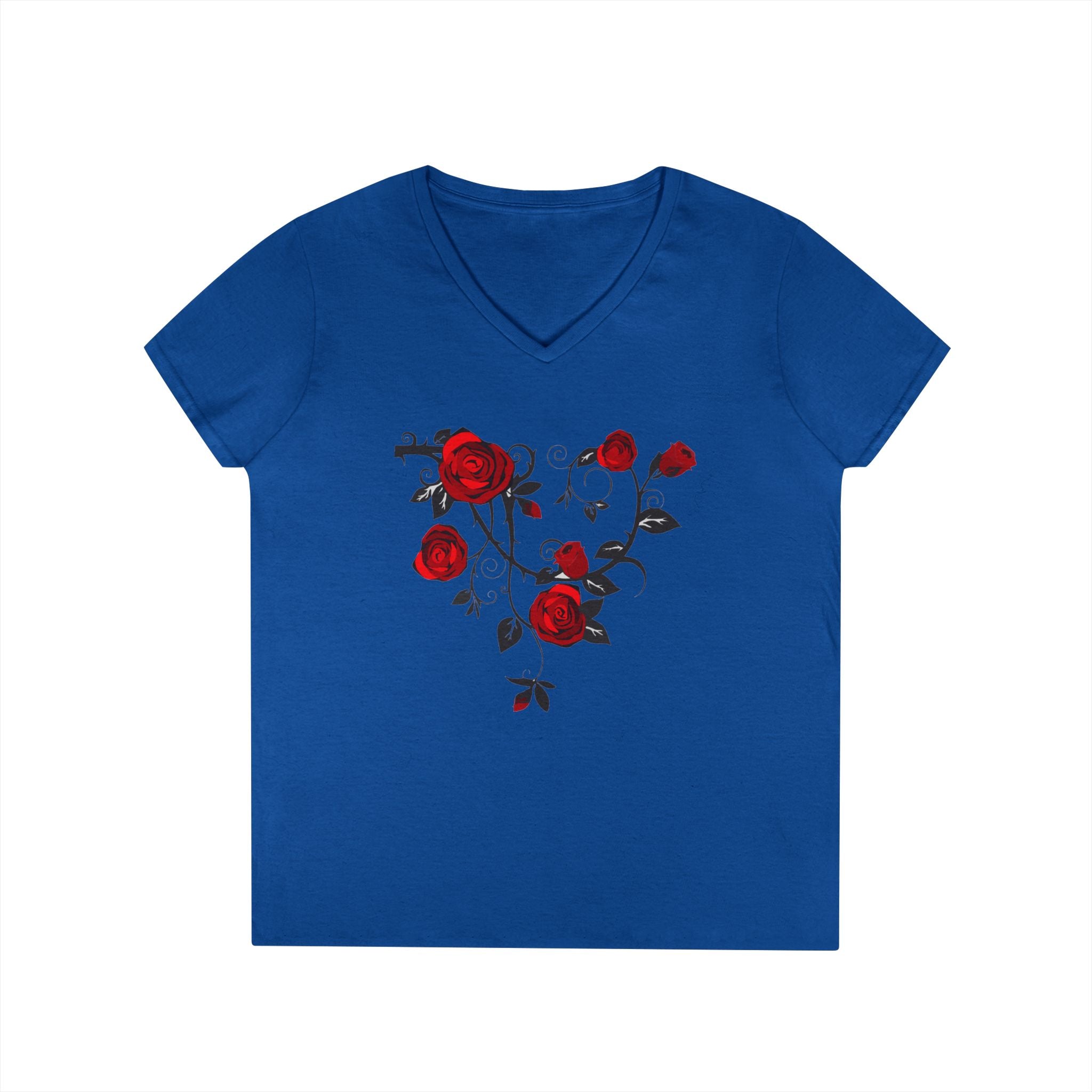 Rose Heart V-Neck Tee — Floral Red Roses Women's T-Shirt