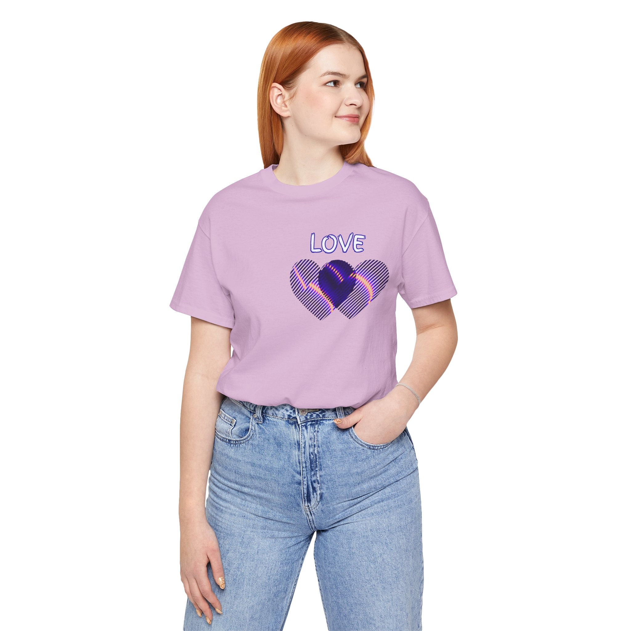 Love Heart Graphic Tee — Retro Purple Striped Hearts