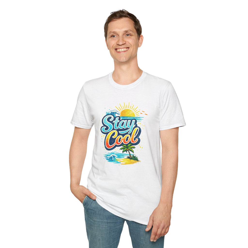 Stay Cool Beach T-Shirt — Vintage Sunset Palm Island Graphic