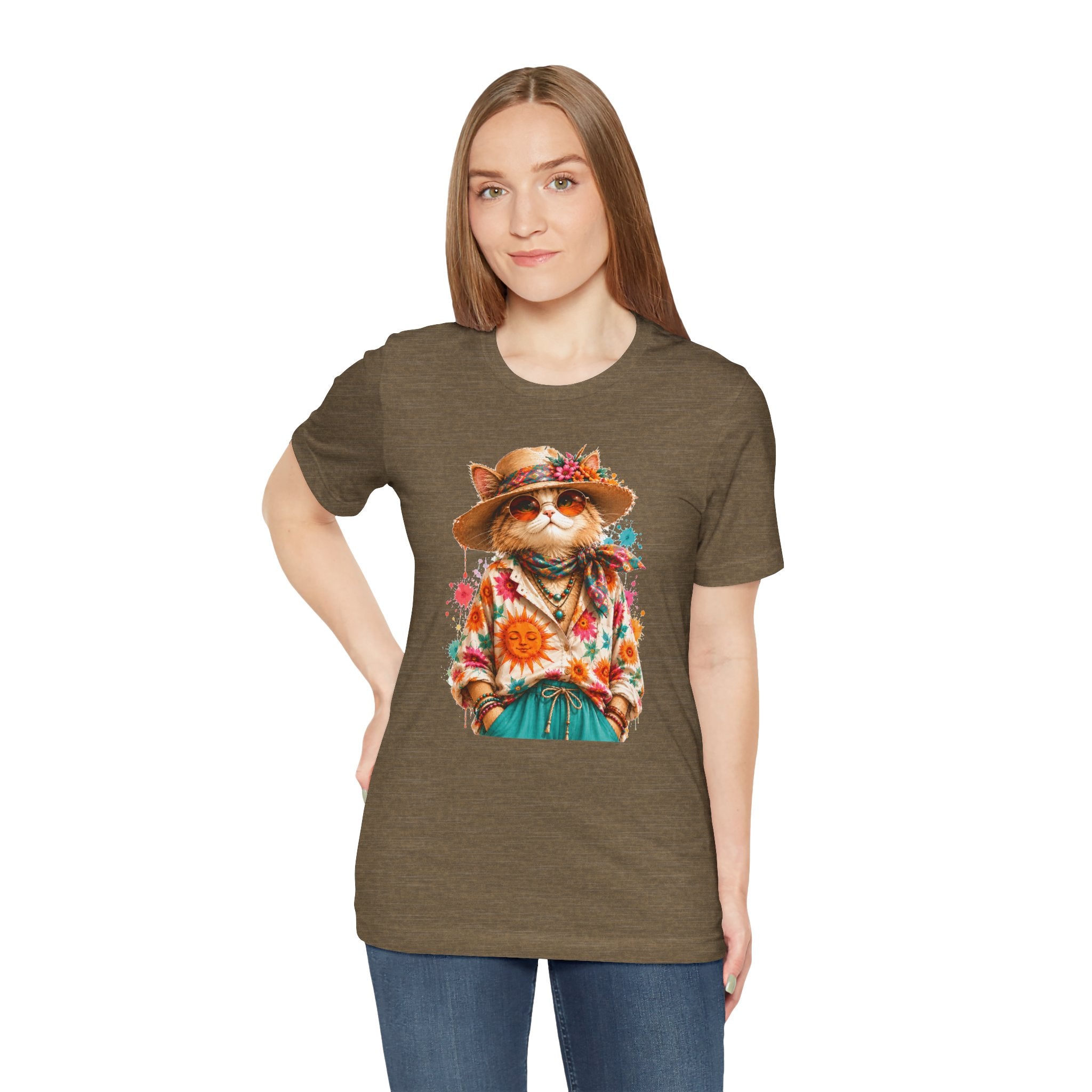 Boho Cat Graphic Tee — Floral Hat & Sunshine Cat T-Shirt