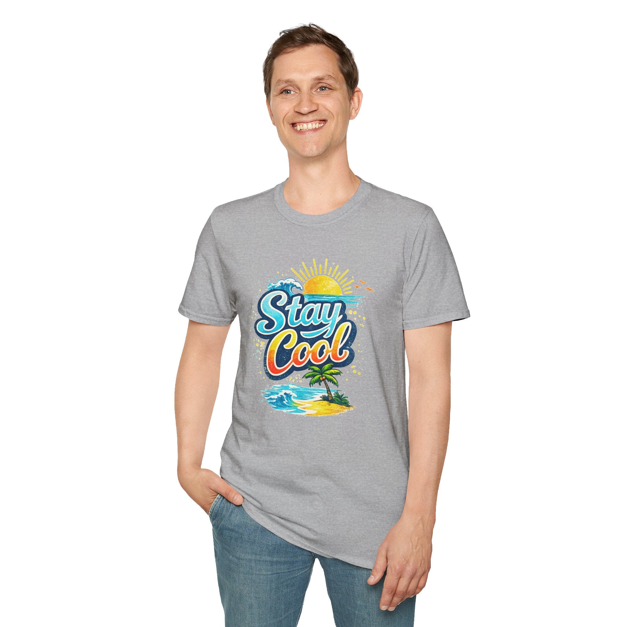 Stay Cool Beach T-Shirt — Vintage Sunset Palm Island Graphic