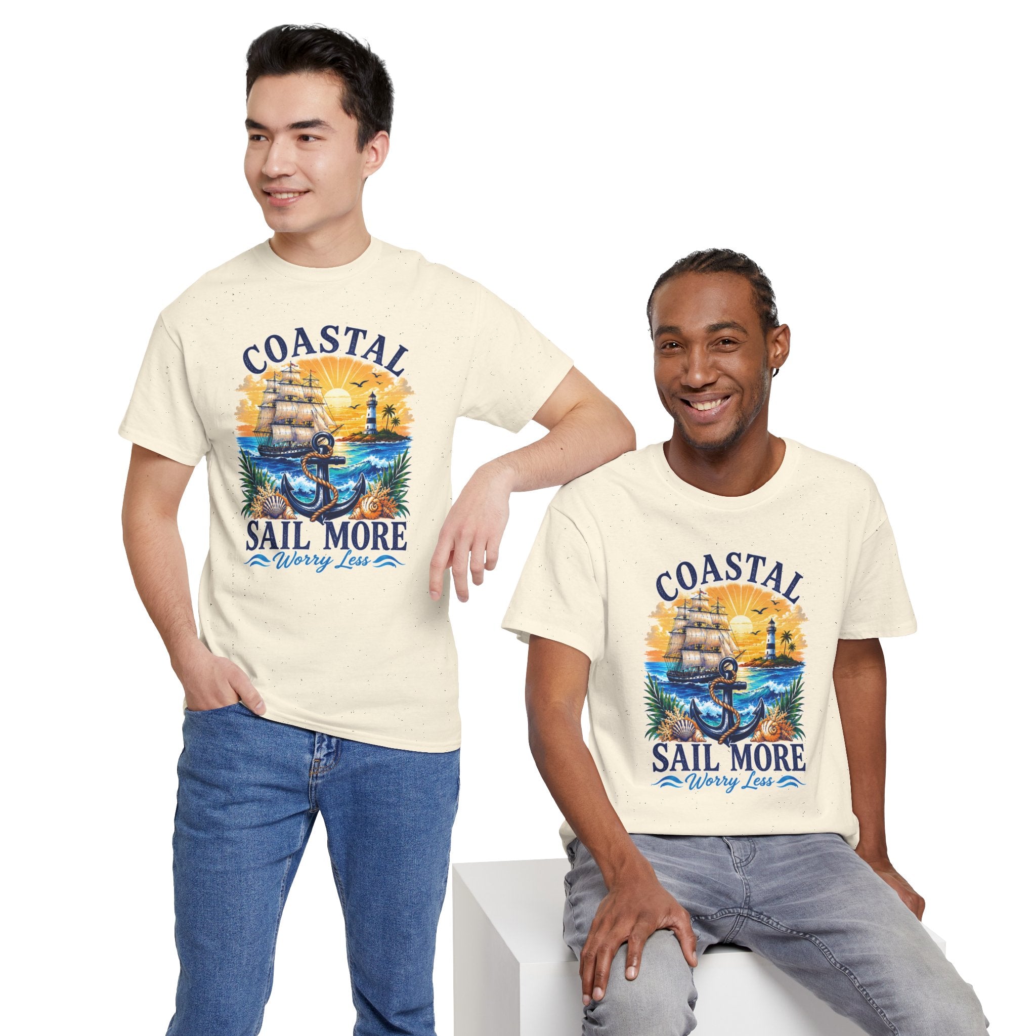 Coastal Sail More Worry Less T-Shirt | Nautical Beach Graphic Tee | Sailing Lover Shirt | Ocean Sunset Gift