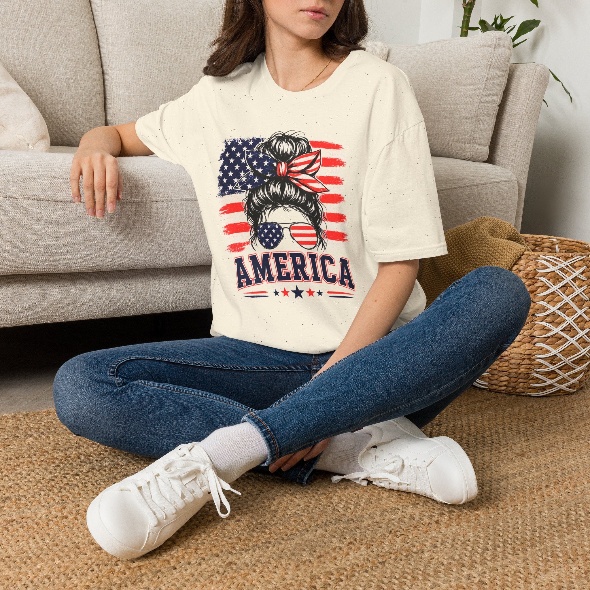 T-Shirt — Messy Bun American Flag Design (Patriotic Hair Band & Sunglasses)