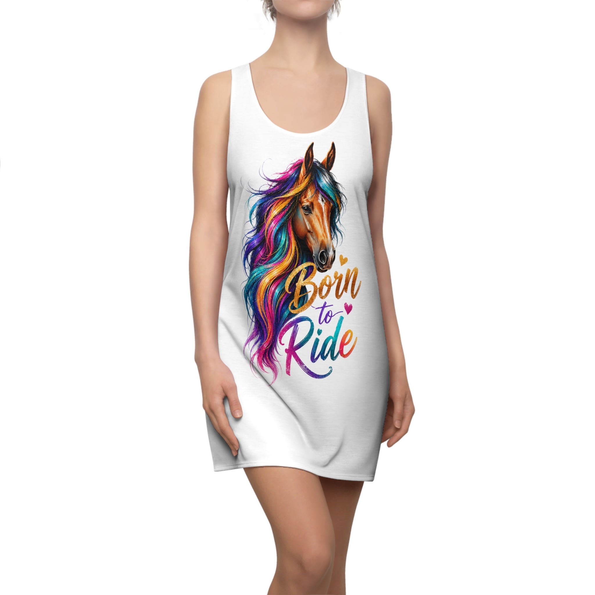 Colorful Horse Racerback Dress, Born to Ride Dress, Horse Lover Gift, Equestrian Summer Dress, Rainbow Horse Graphic Dress, Women's Casual Tank Dress