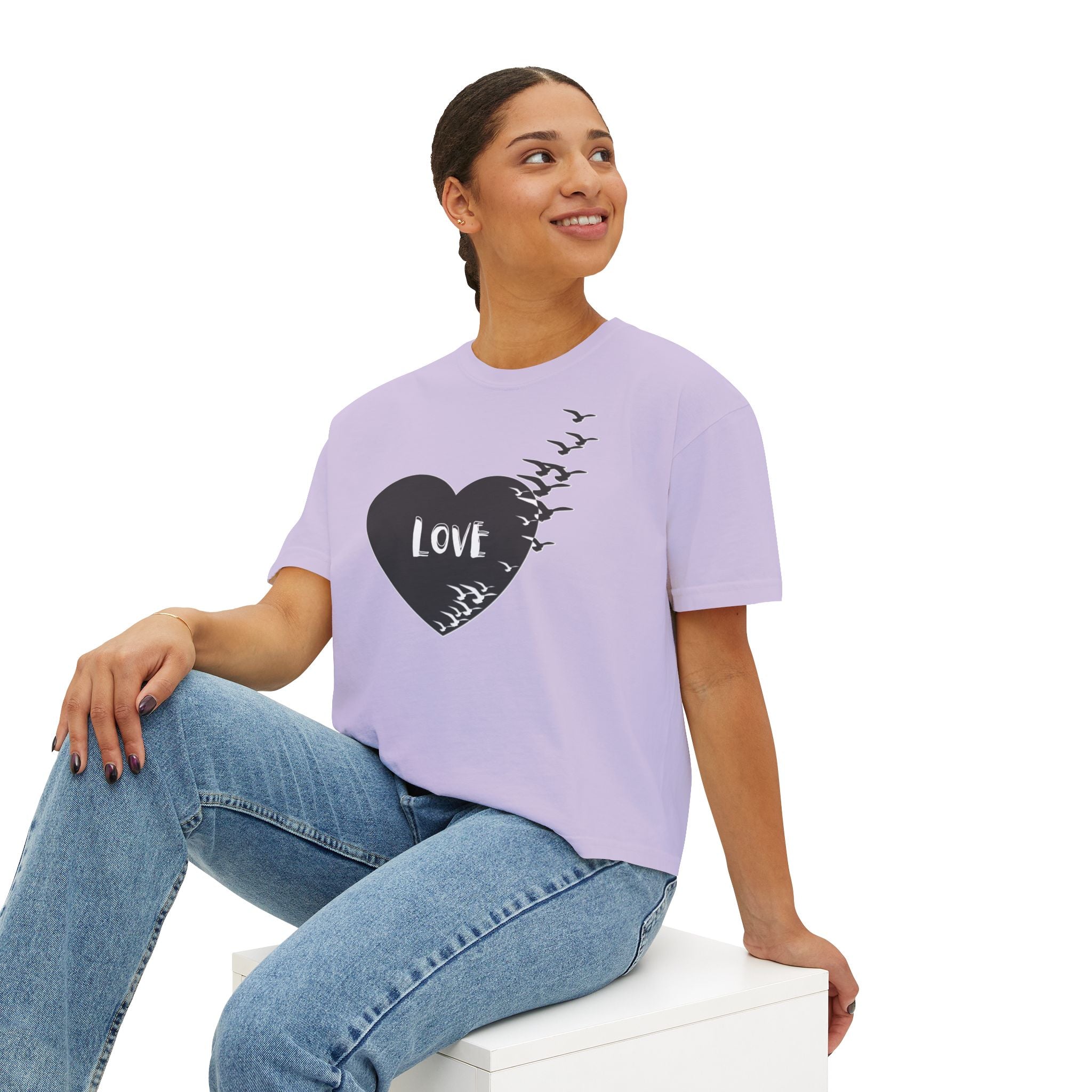 Love Bird Heart Boxy Tee — Women's Casual Graphic Shirt