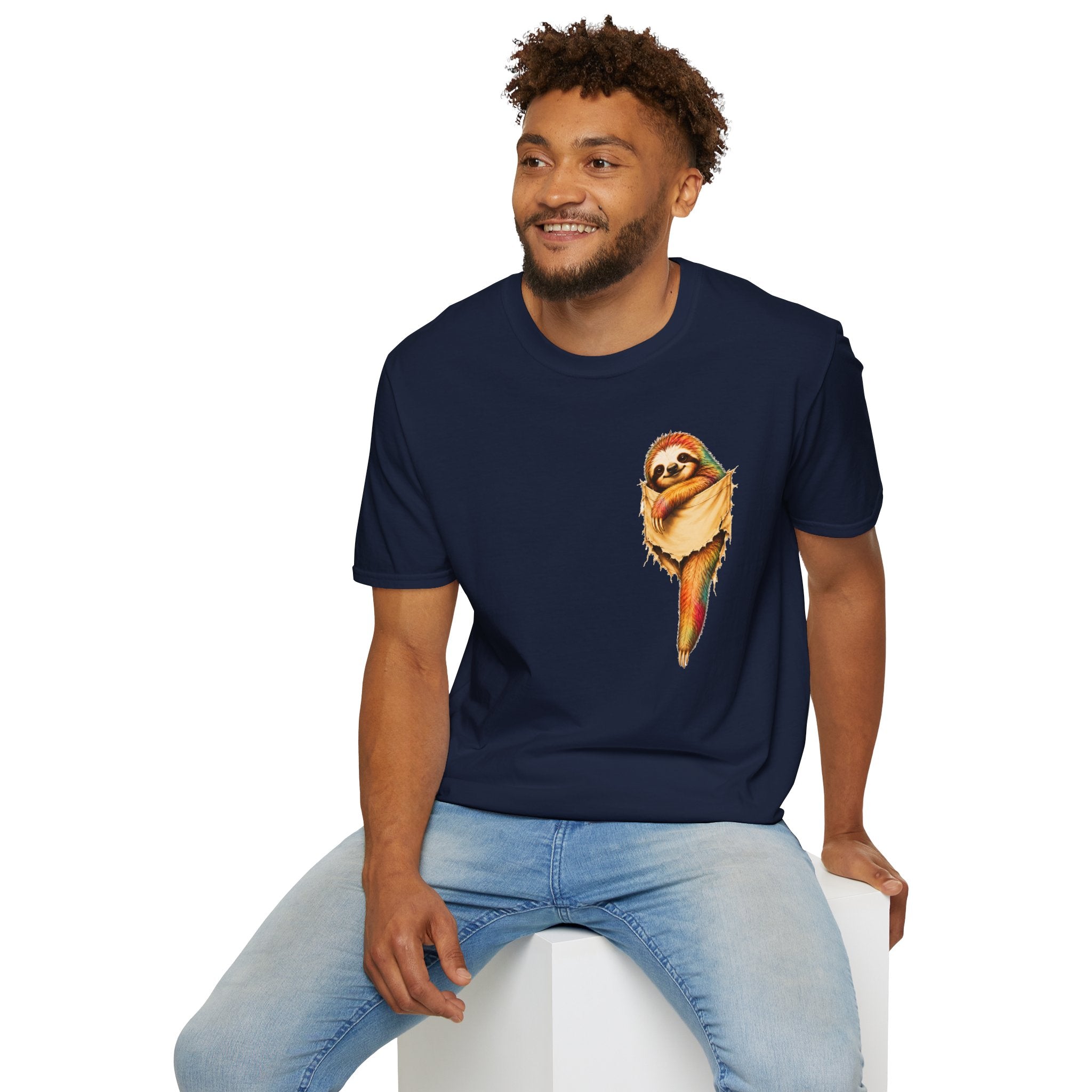 Sloth Pocket Tee — Cute Hugging Sloth Graphic T-Shirt
