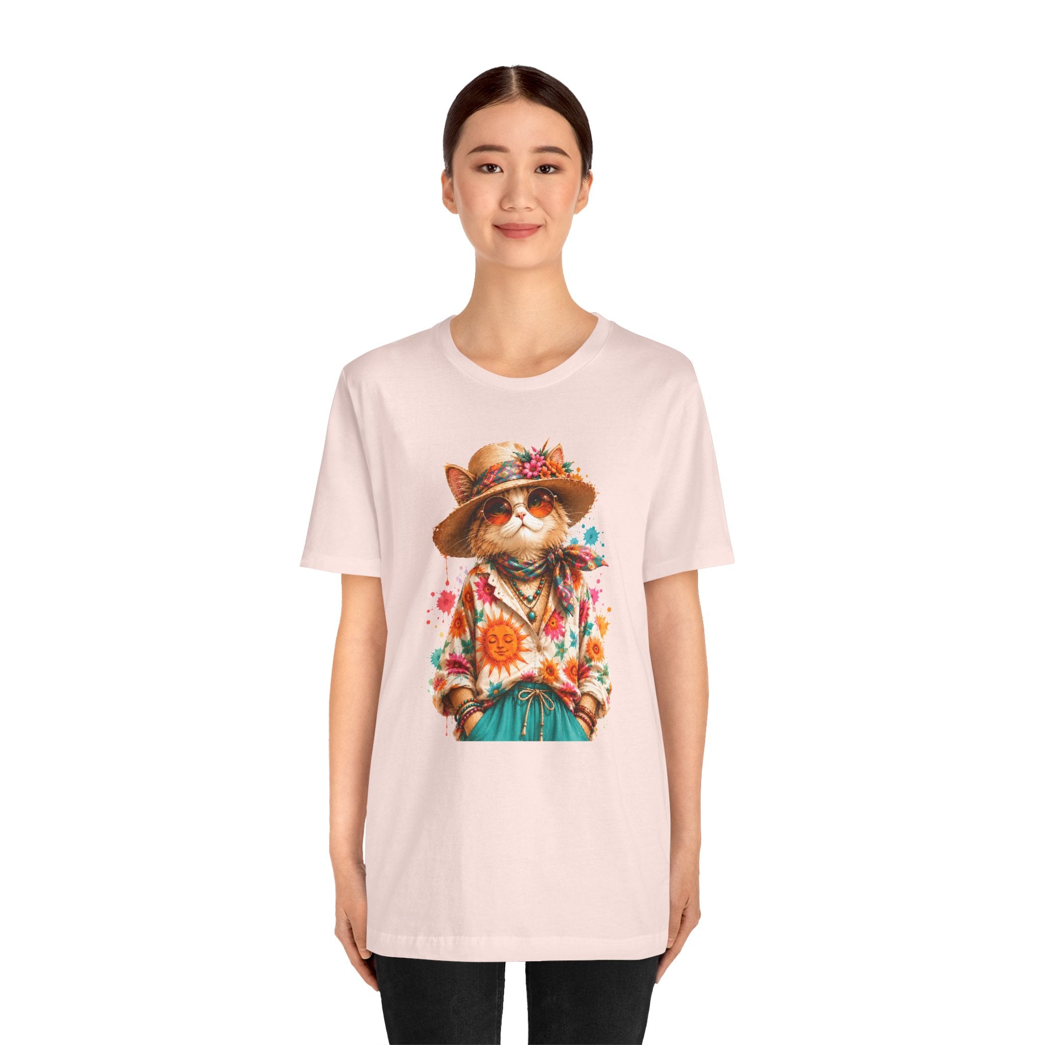 Boho Cat Graphic Tee — Floral Hat & Sunshine Cat T-Shirt