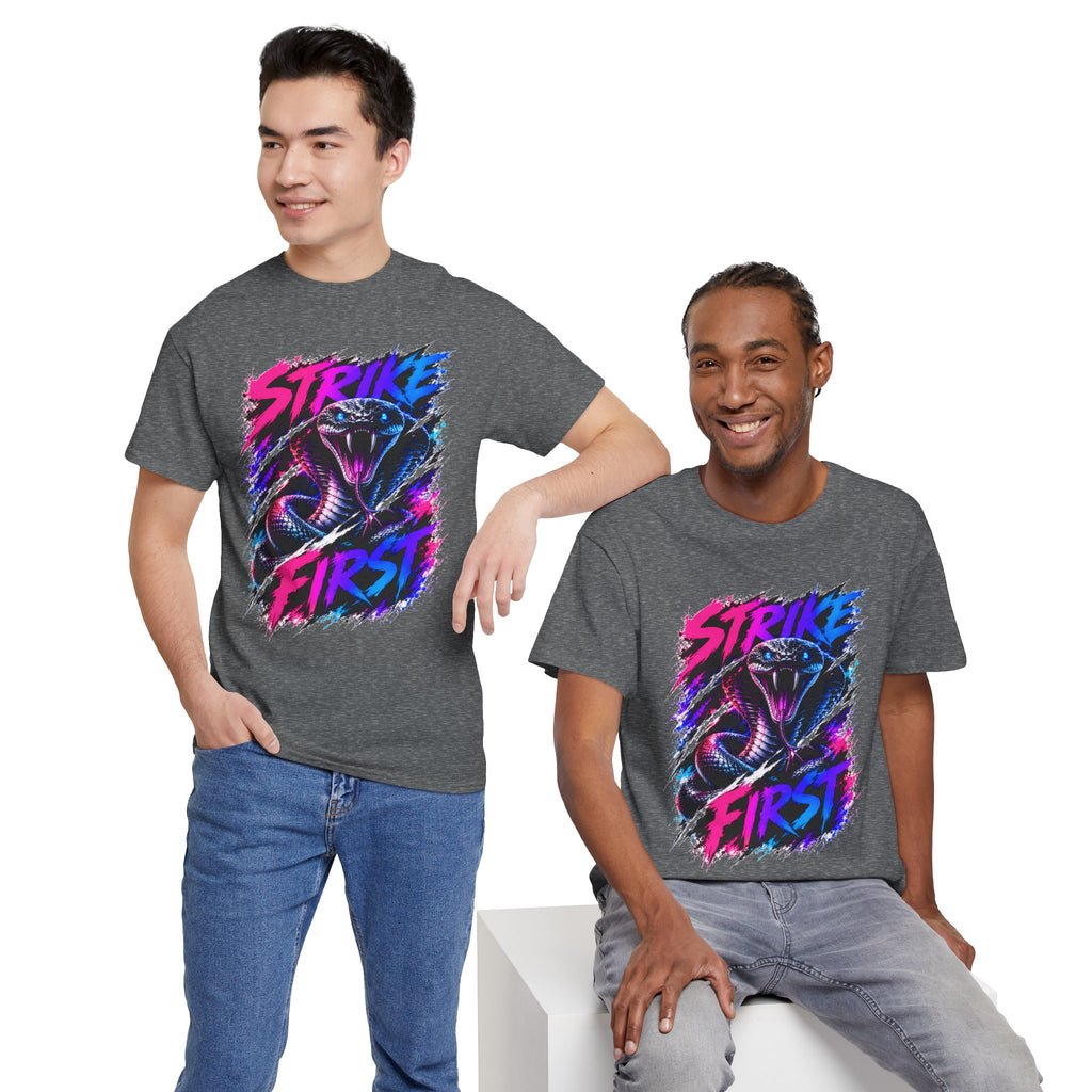 Strike First Cobra T-Shirt | Neon Snake Graphic Tee | Bold Streetwear Shirt | Unisex Graphic Tee