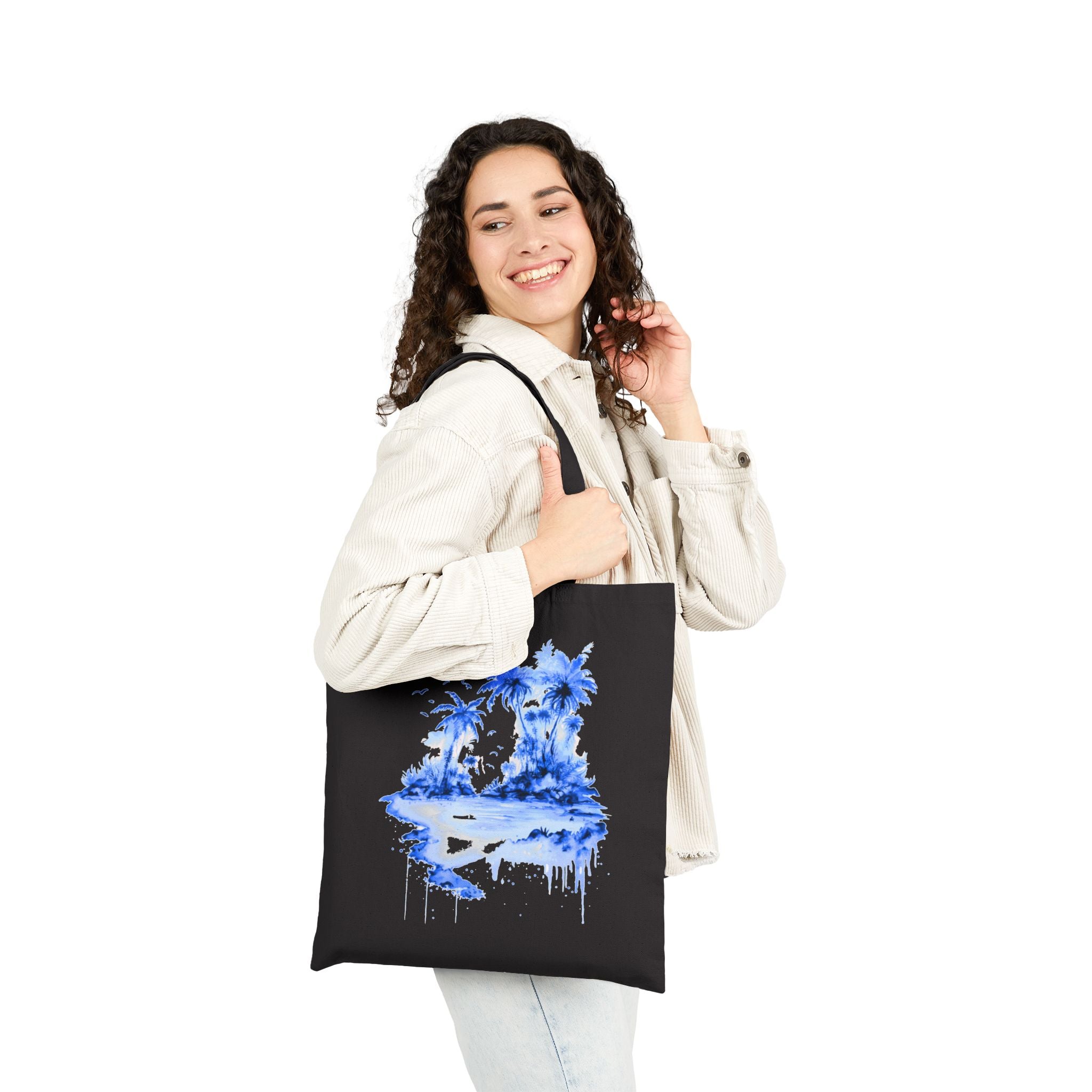 Blue Watercolor Tropical Island Tote Bag | Palm Trees Beach Canvas