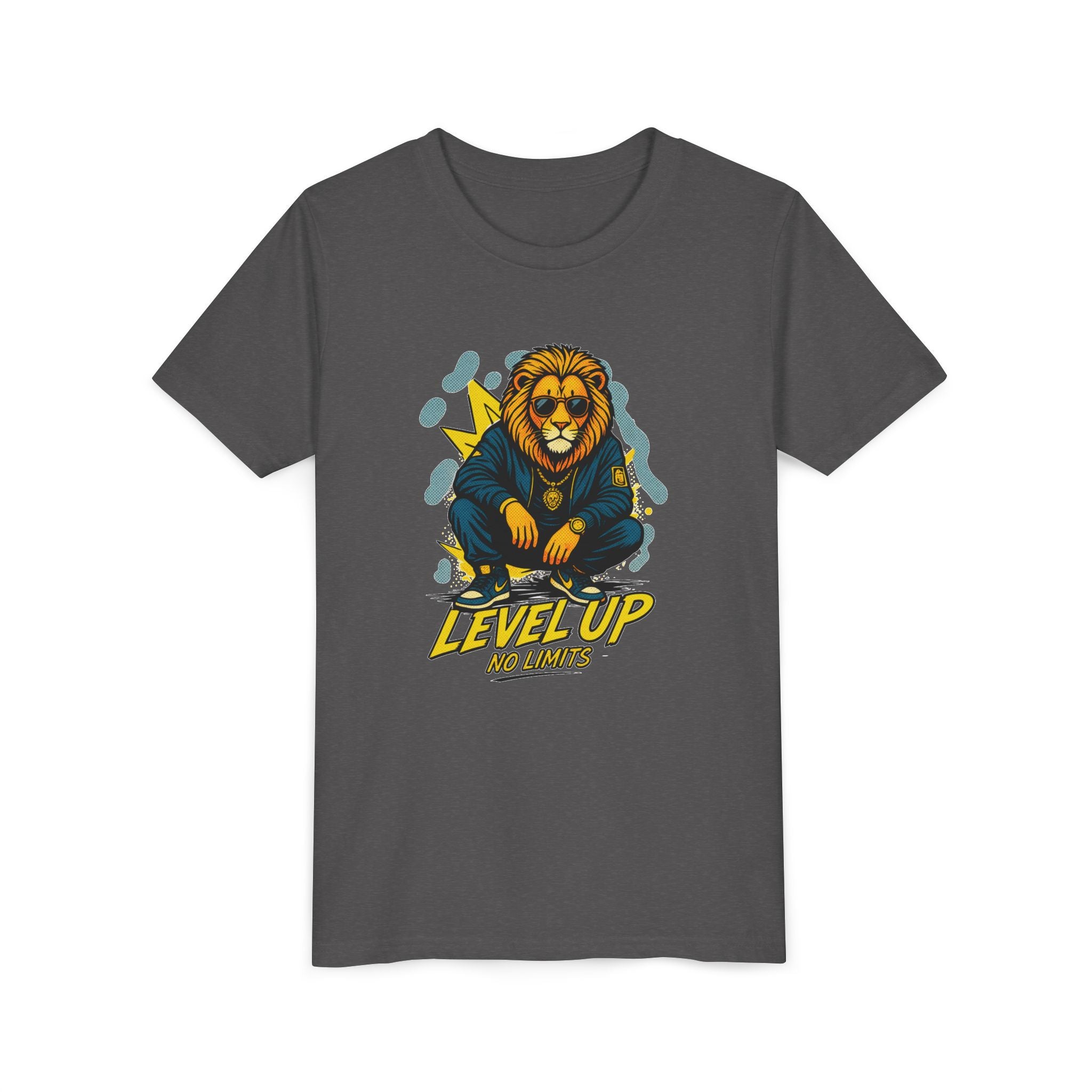 Youth Tee — 'Level Up No Limits' Lion Graphic Shirt
