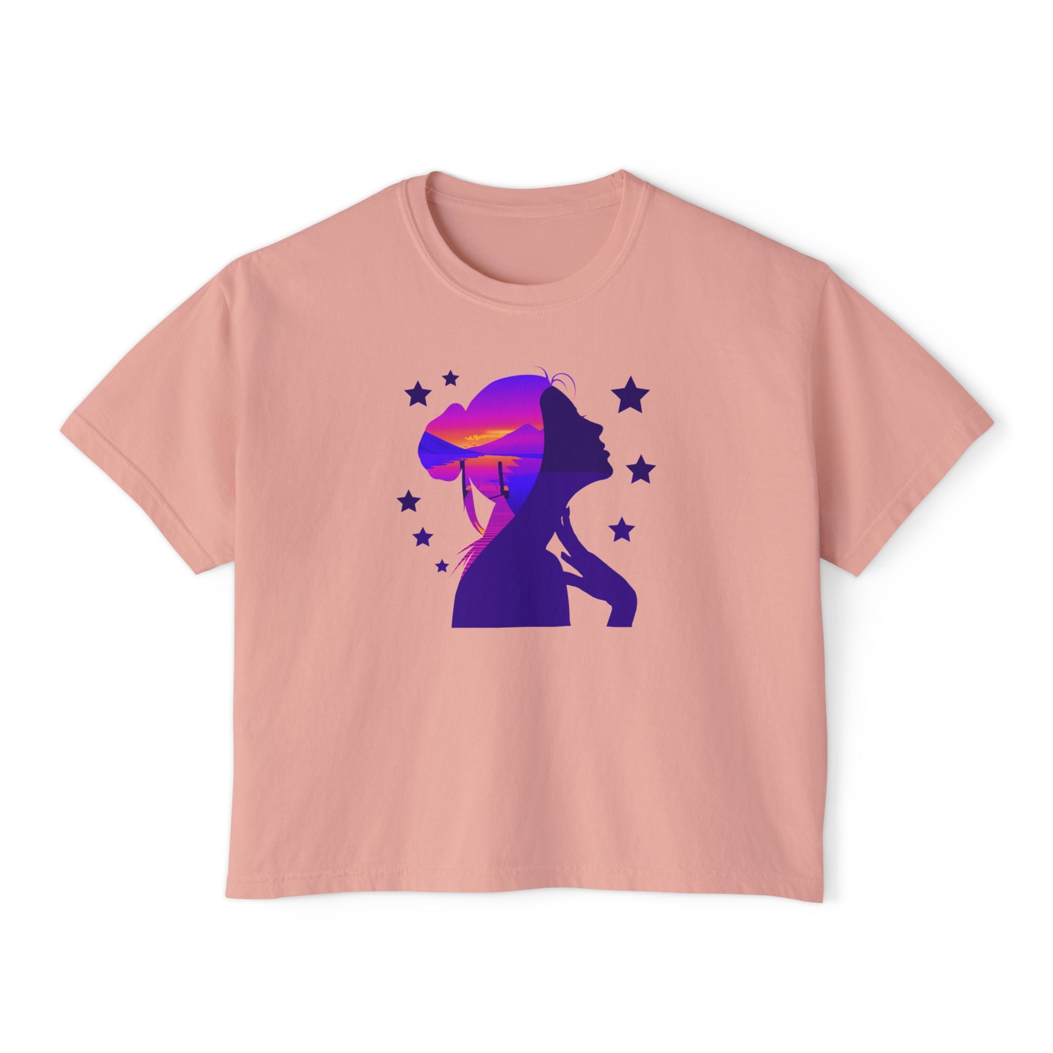Women's Boxy Tee — Purple Sunset Silhouette Tee for Girls & Teens