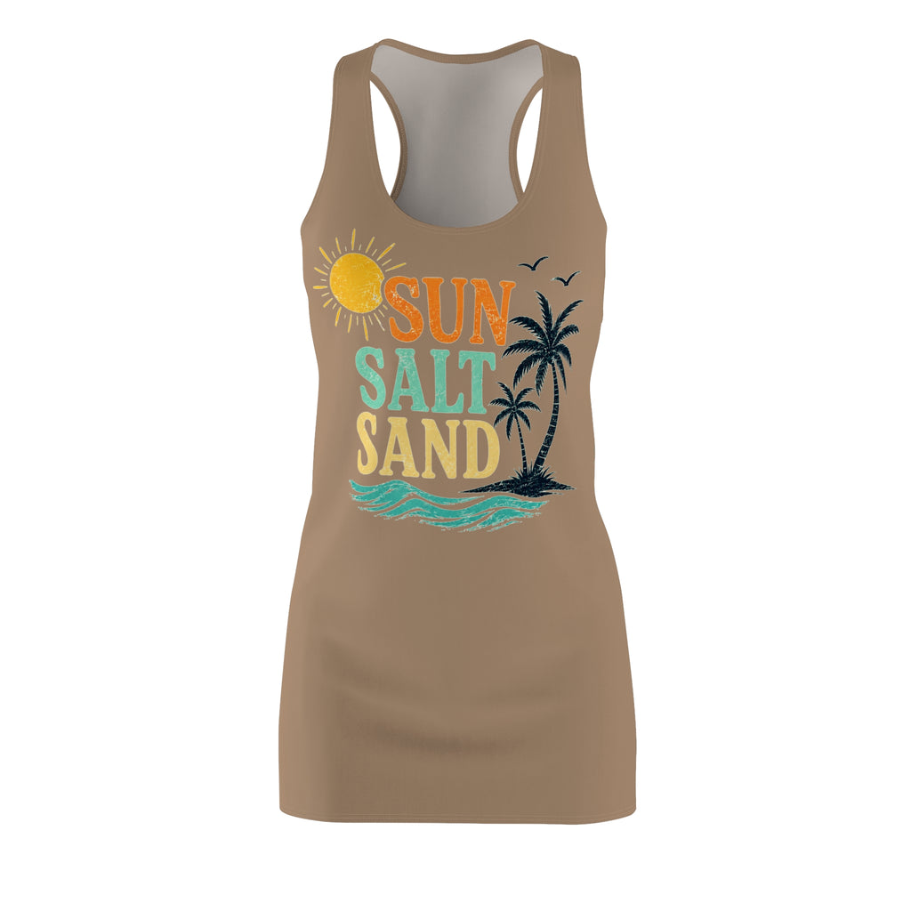 Racerback Dress — "Sun Salt Sand" Beach Tank Dress, Tropical Palm & Sunset Graphic