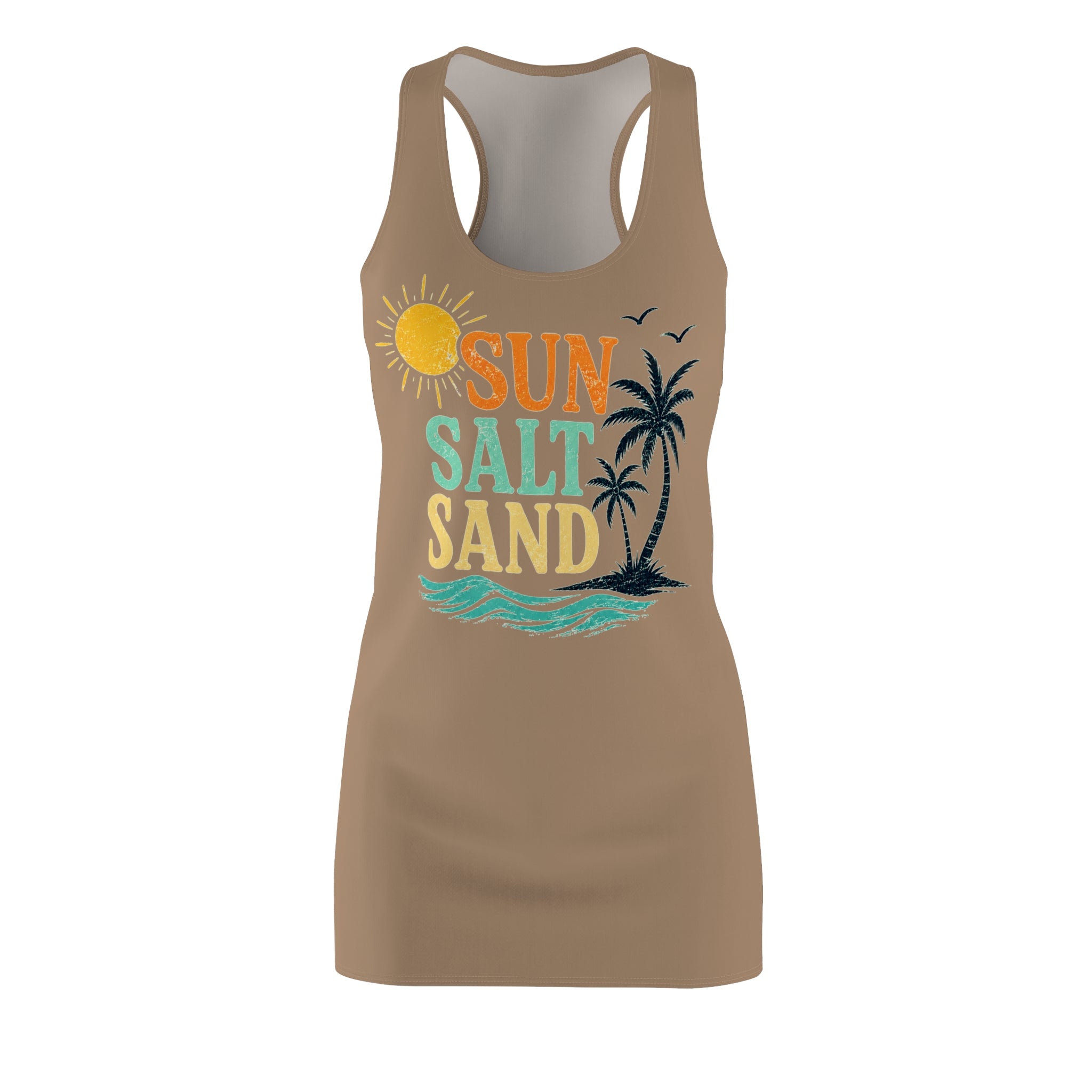 Racerback Dress — "Sun Salt Sand" Beach Tank Dress, Tropical Palm & Sunset Graphic