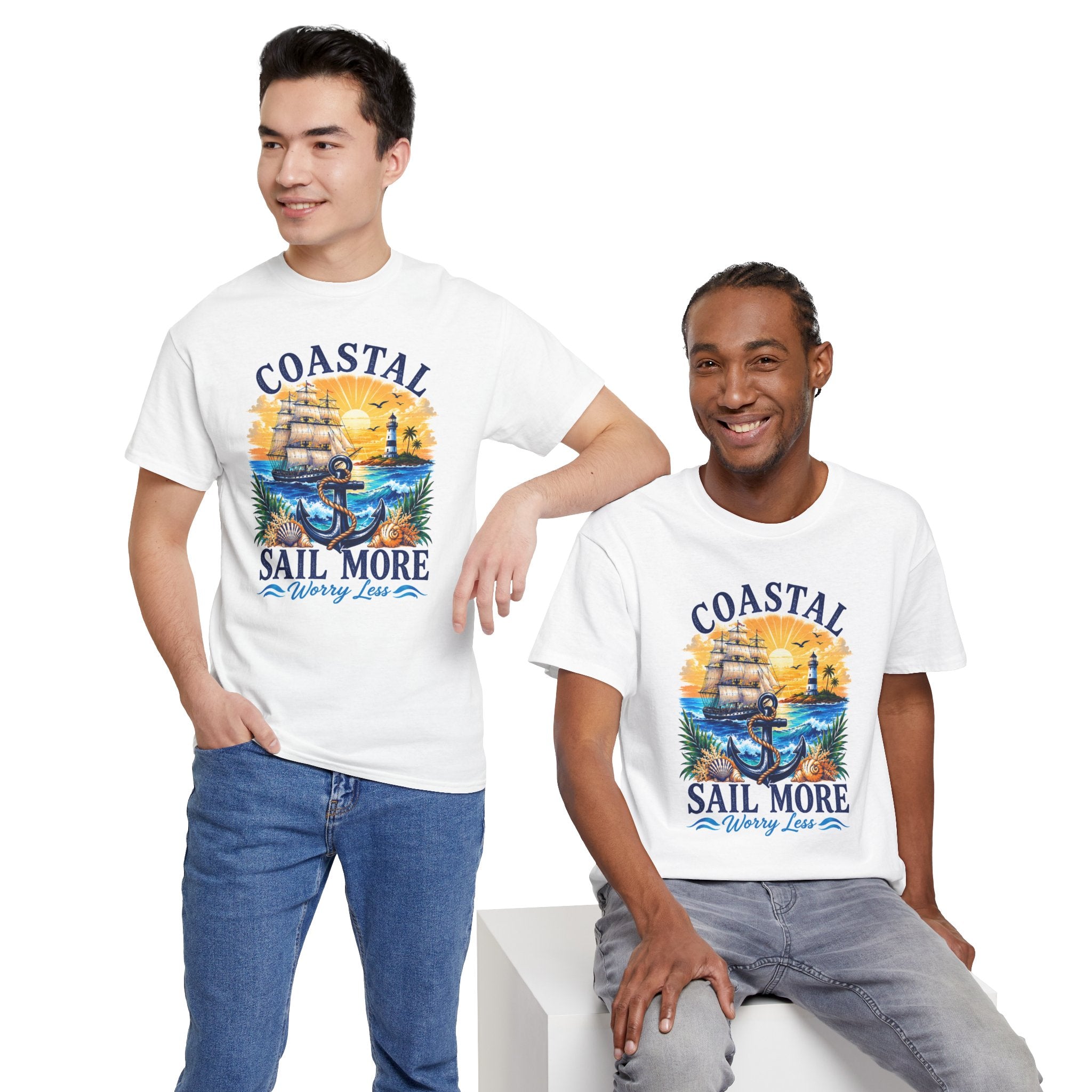 Coastal Sail More Worry Less T-Shirt | Nautical Beach Graphic Tee | Sailing Lover Shirt | Ocean Sunset Gift