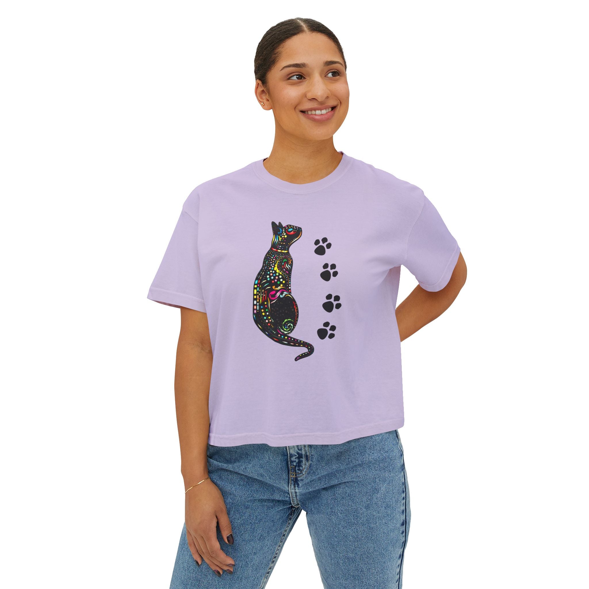 Black Cat Floral Graphic Tee, Cute Paw Print Boxy Shirt for Women