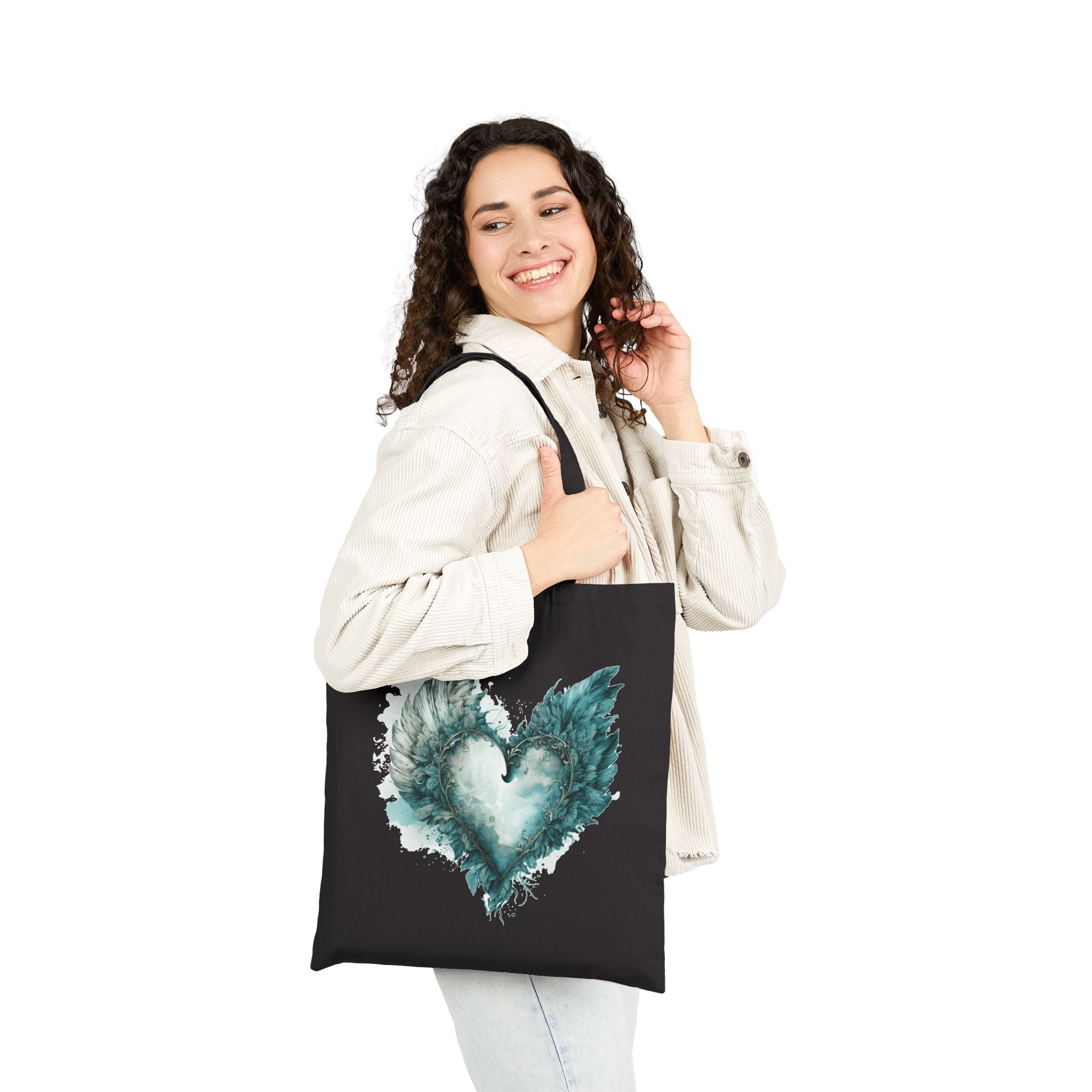 Cute Canvas Tote Bag with Teal Watercolor Angel Wings Heart Design