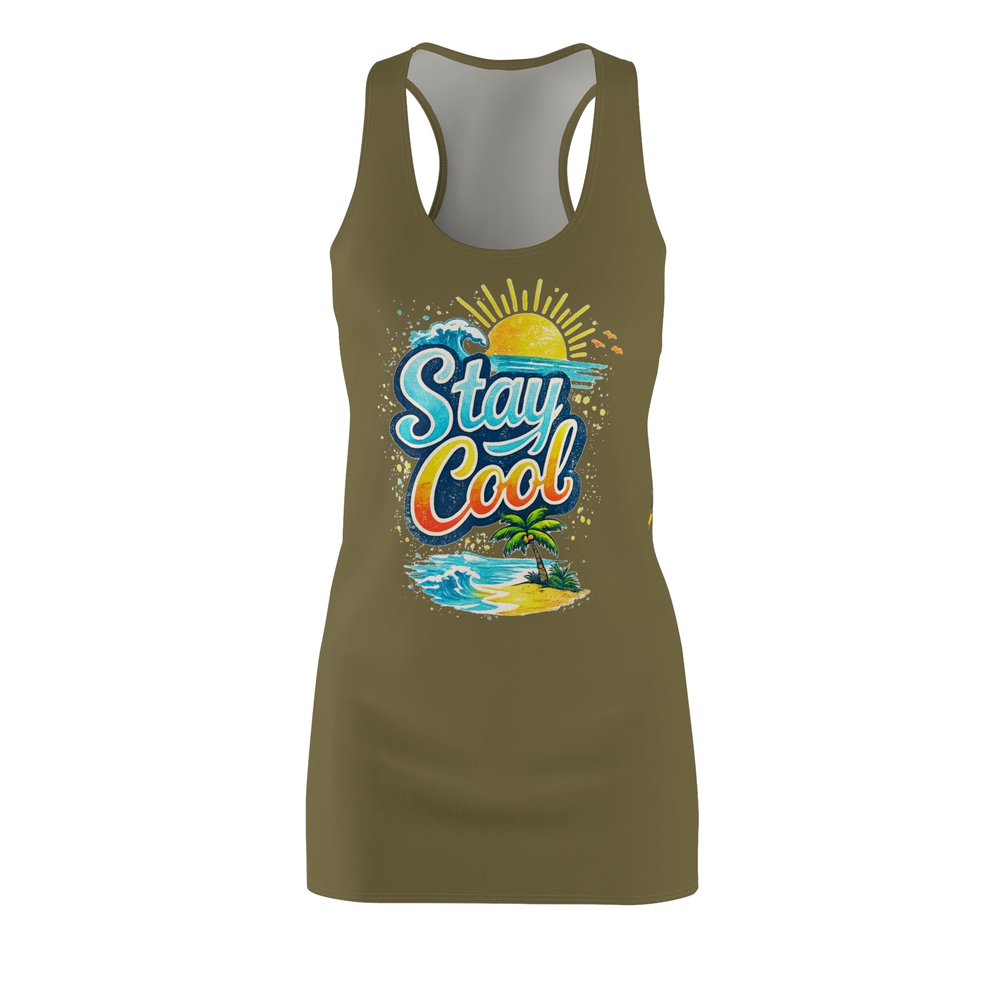 Stay Cool Racerback Dress – Tropical Beach Graphic Sundress