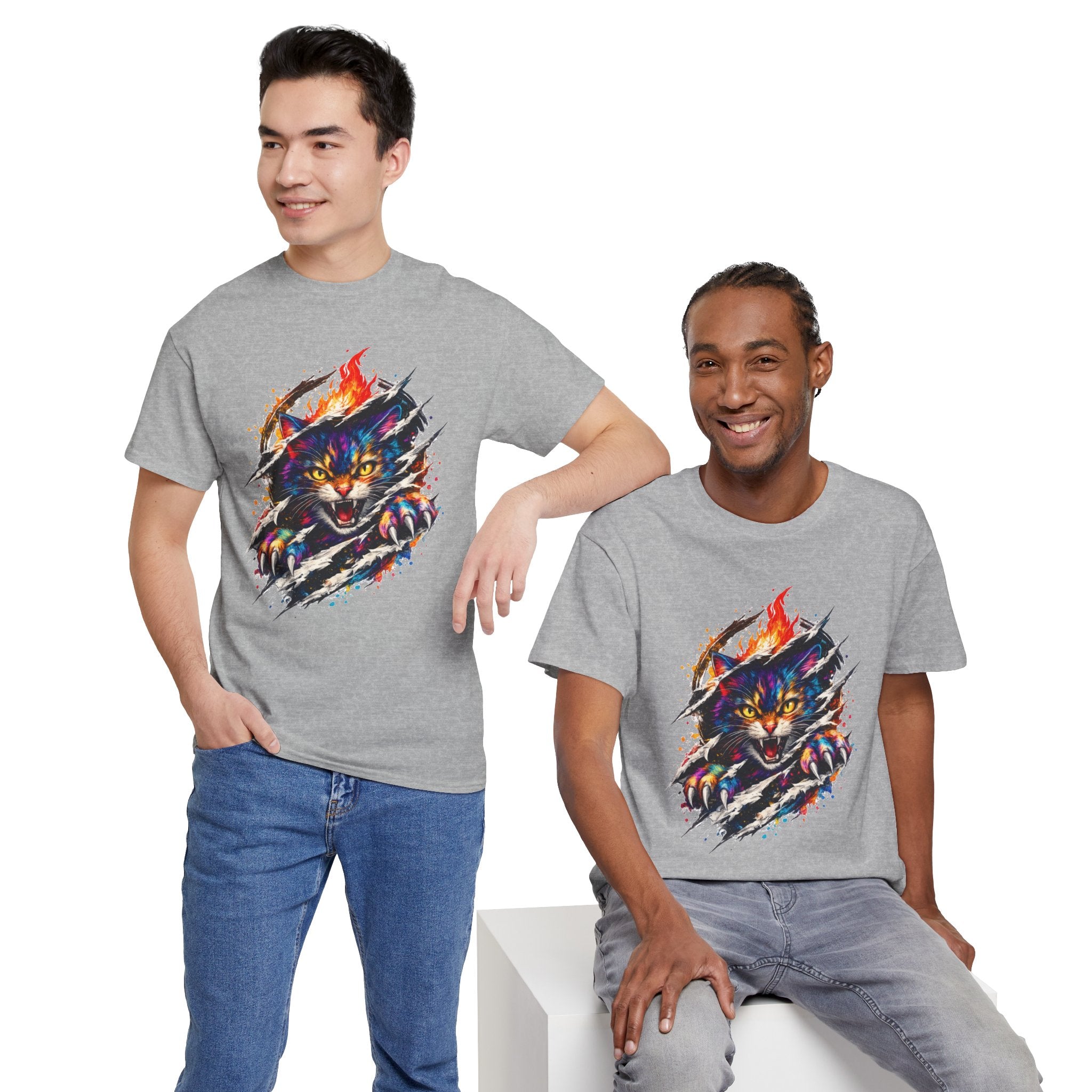 Colorful Angry Cat Rip Through Graphic Tee | Neon Cat T-Shirt | Unisex Streetwear Shirt | Fierce Cat Art | Gift for Cat Lovers