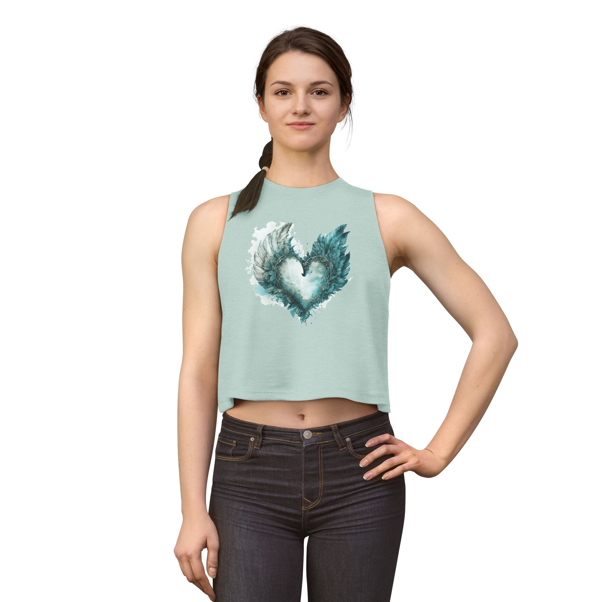Winged Heart Crop Top, Angel Wings Heart Shirt, Teal Watercolor Graphic Crop Top, Aesthetic Women's Crop Tee