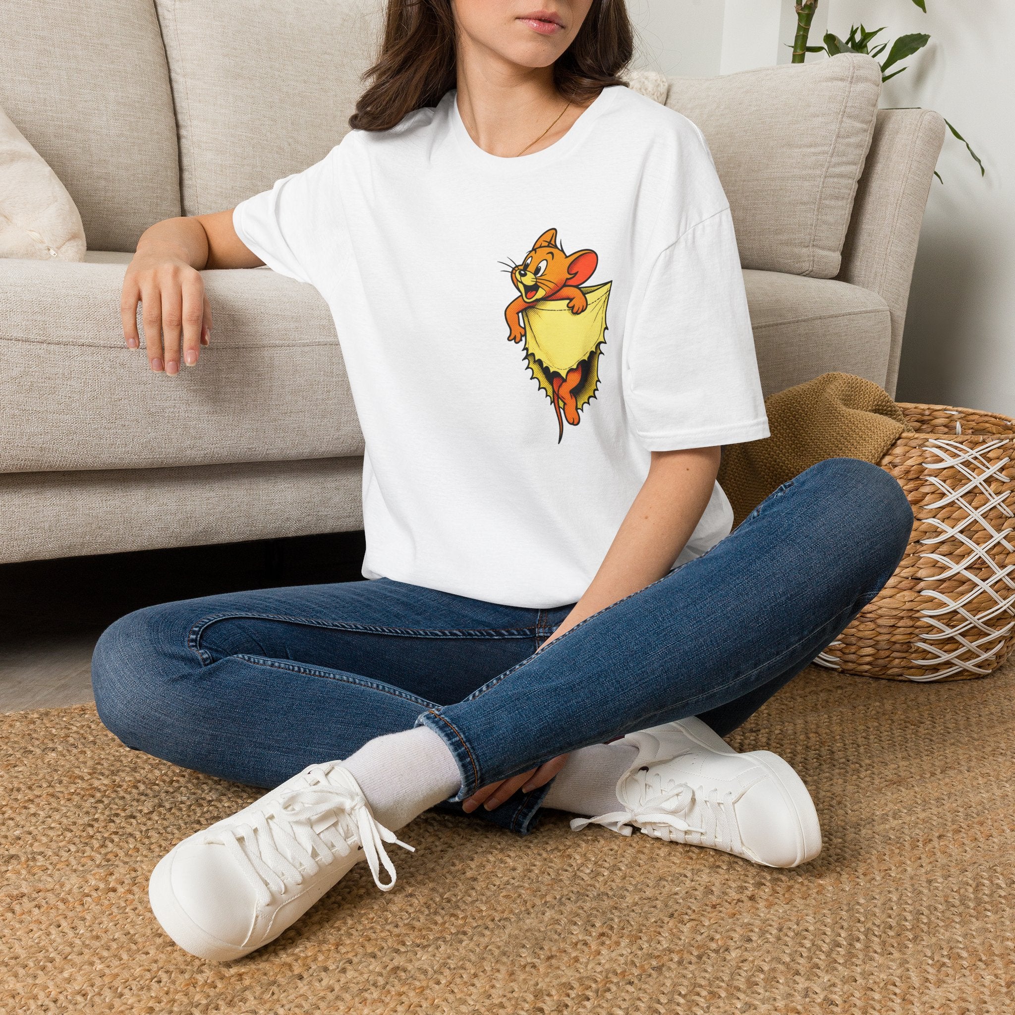 Jerry Pocket Tee — Cute Cartoon Mouse Peeking From Cheese T-Shirt
