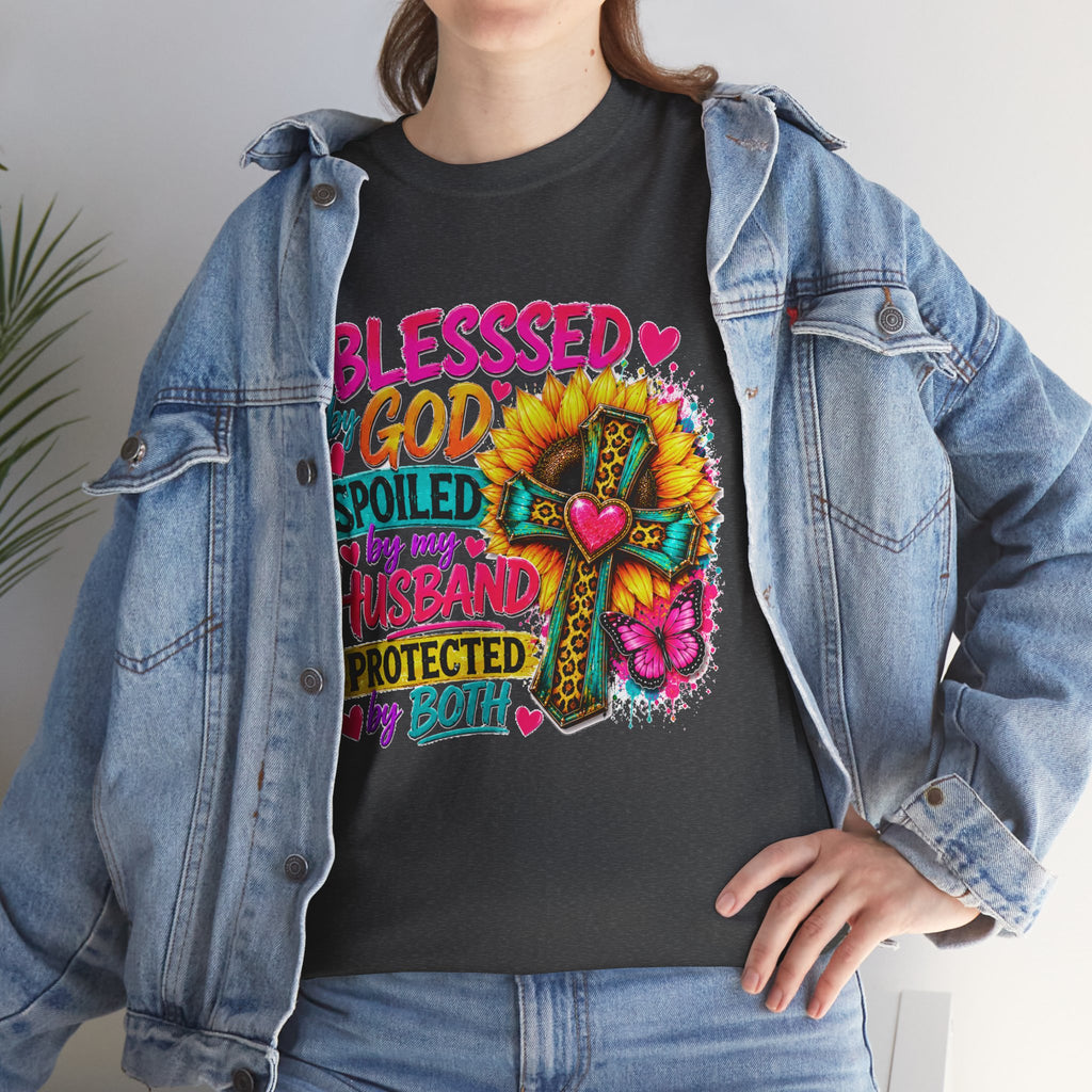 Blessed by God Spoiled by My Husband Tee — Christian Cross Floral Women's Shirt