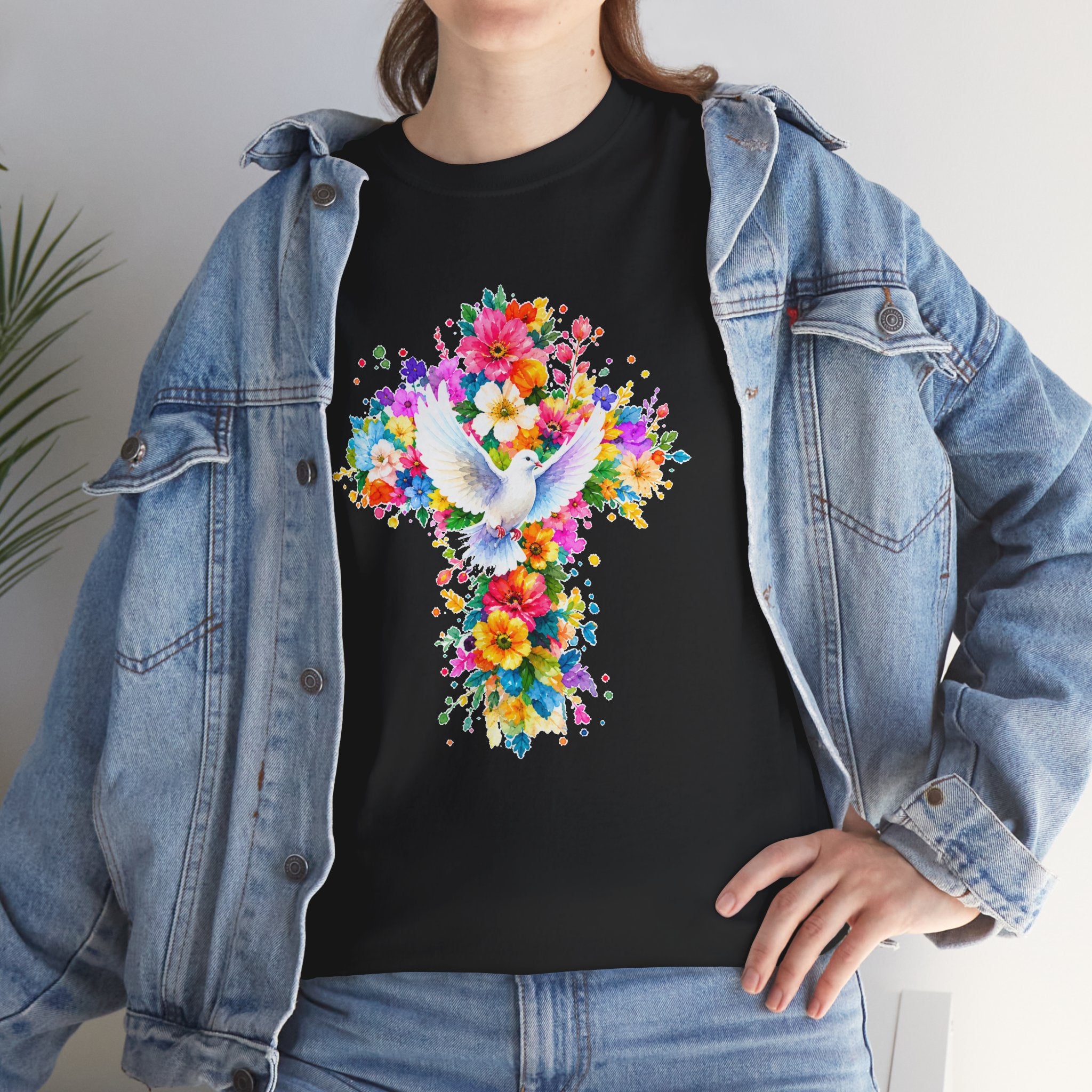 Christian Floral Cross T-Shirt | Dove Faith Shirt | Religious Graphic Tee | Holy Spirit Shirt | Easter Gift | Church Shirt