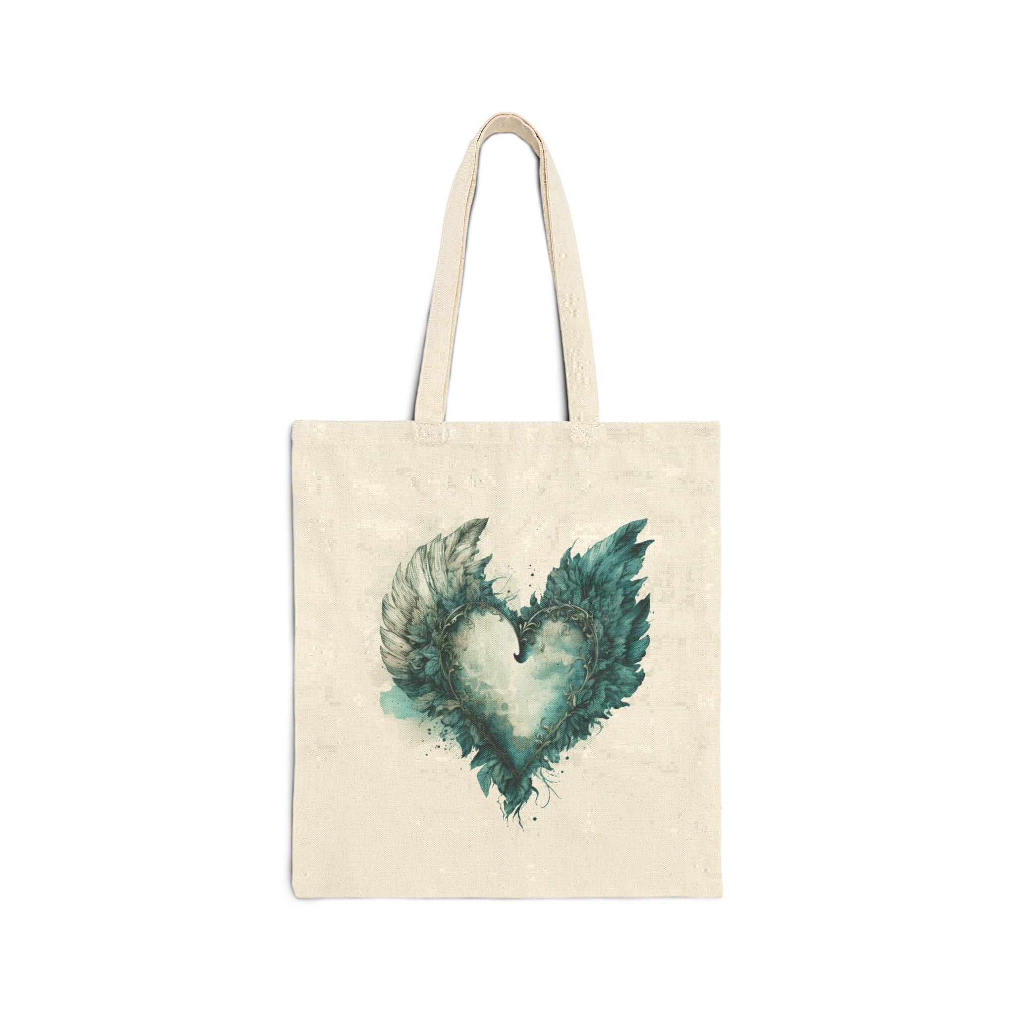 Cute Canvas Tote Bag with Teal Watercolor Angel Wings Heart Design
