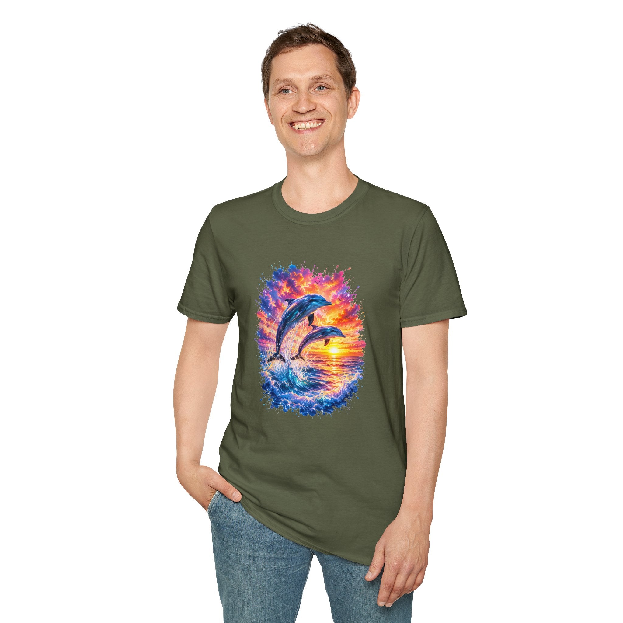 Dolphin Sunset TShirt  Vibrant Ocean Jump Graphic Tee