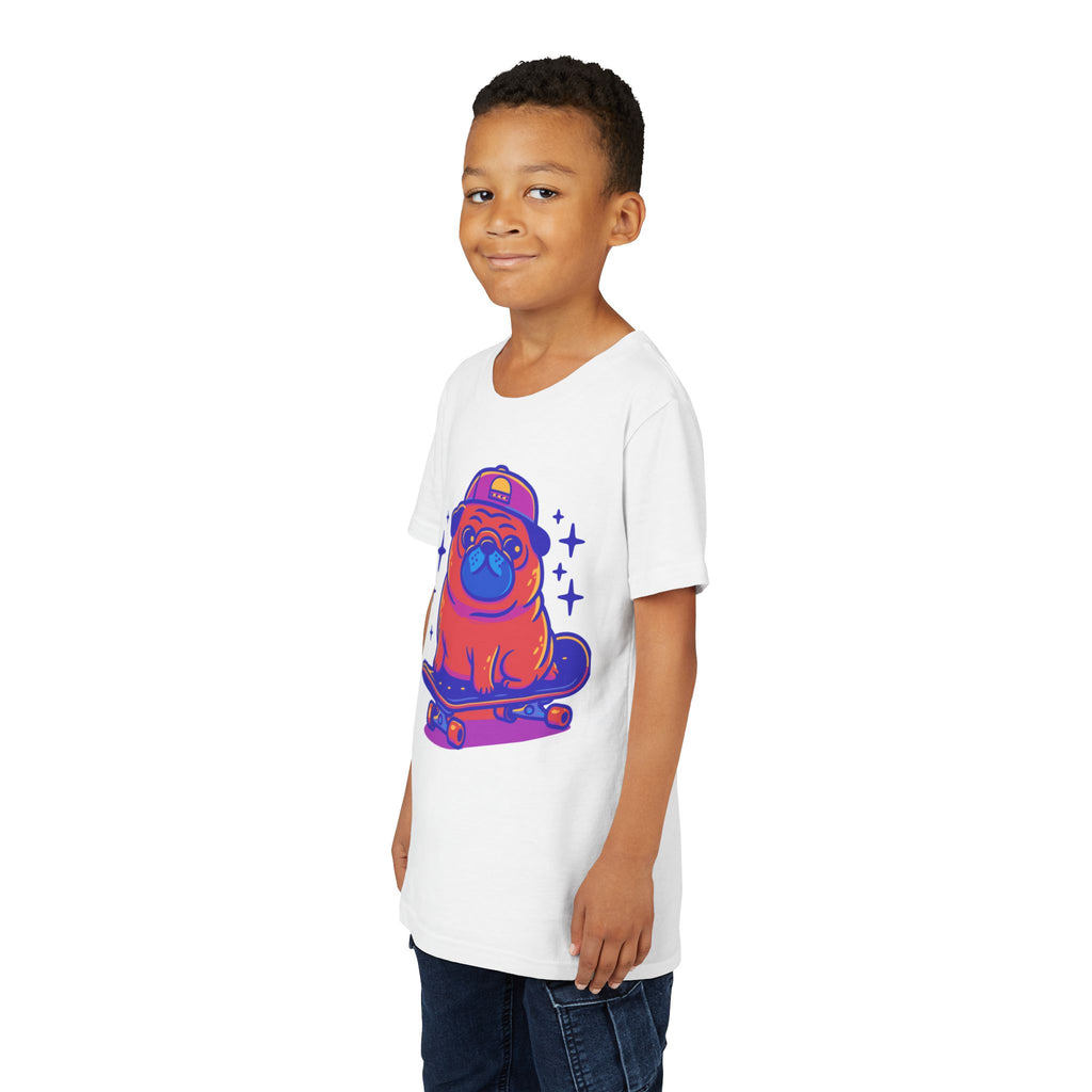 Cute Skateboarding Pug Kids T-Shirt | Funny Dog Graphic Tee for Boys & Girls | Youth Streetwear Shirt