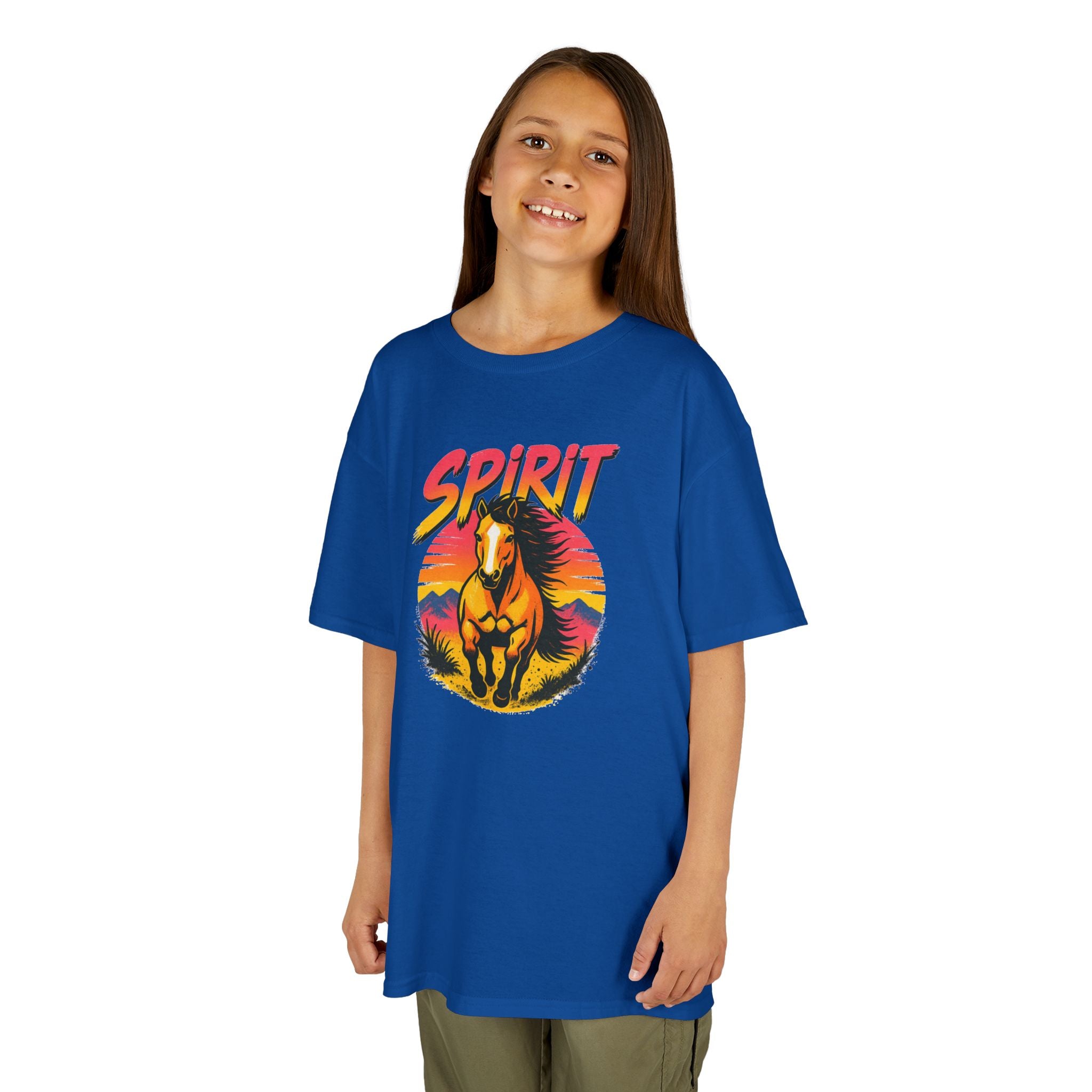 Spirit Horse Kids T‑Shirt — Retro Sunset Wild Horse Graphic Tee