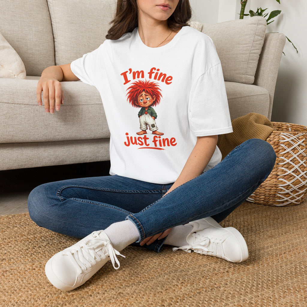 I'm Fine T‑Shirt — Cute Red‑Haired Character Tee ("I'm fine, just fine")