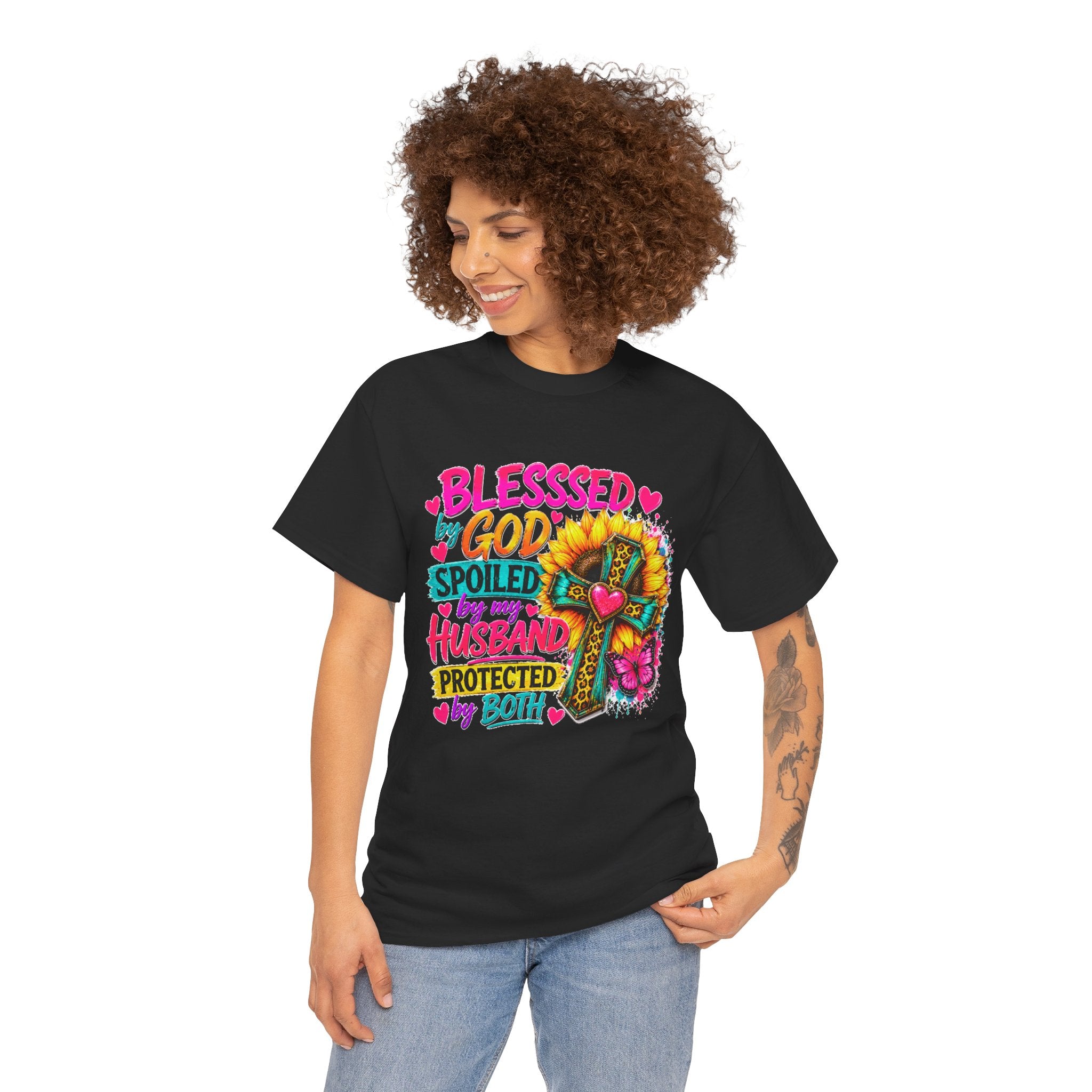 Blessed by God Spoiled by My Husband Tee — Christian Cross Floral Women's Shirt